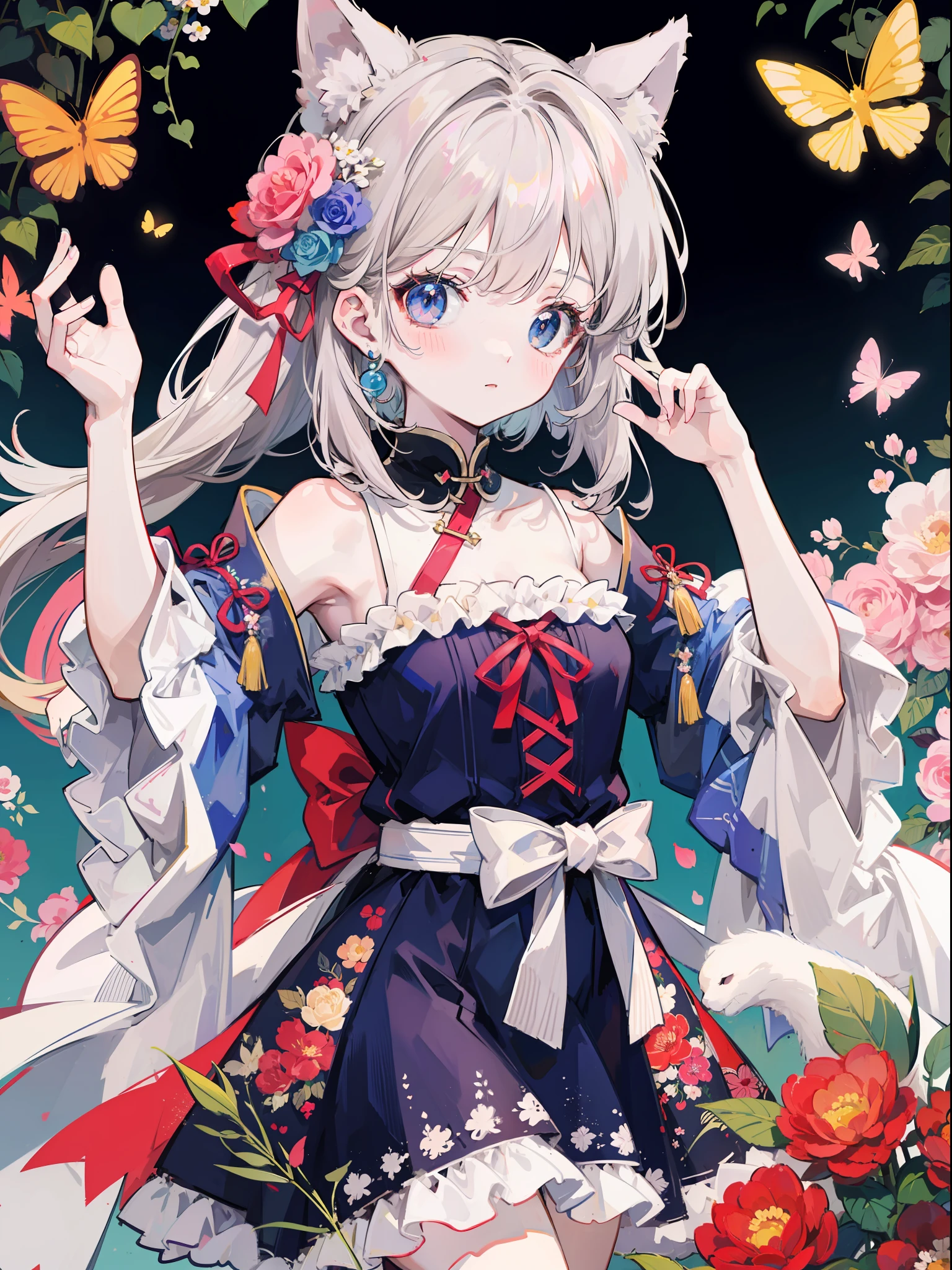 Anime Pictures。Bright and pretty shades。Cute woman with cat ears about 18 years old。Clothing designed in the image of Hungarian national costume。Flowers are fluttering。Flat cute pattern in the background。Extremely high quality、Extremely high image quality、Maste Piece、Best-aesthetic