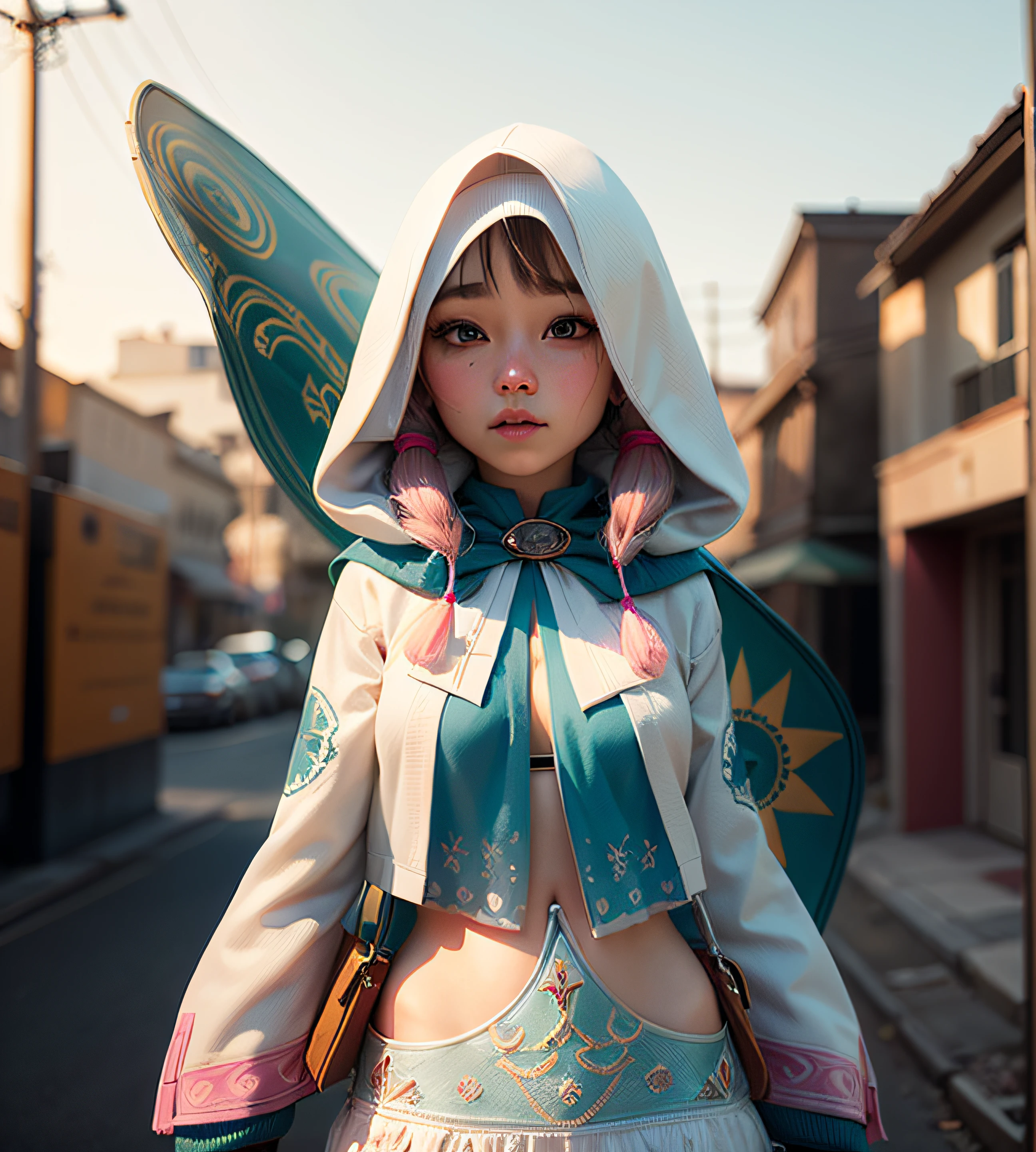(RAW Photography、maximum quality、masterwork:1.2)、(Realstic、Photoreal:1.4)、(masterwork:1.4)、(maximum quality:1.4)、1girl in、独奏、Bangs、blushed、Writing on clothes、Covered navel、Morning、Hair intake、Keep the color of your clothes、long sleeve, \(clothing\), twintails、(shinny skin)、Realstic、white hood、Metal brooch、Pink ribbon、White costume、pale turquoise skirt,