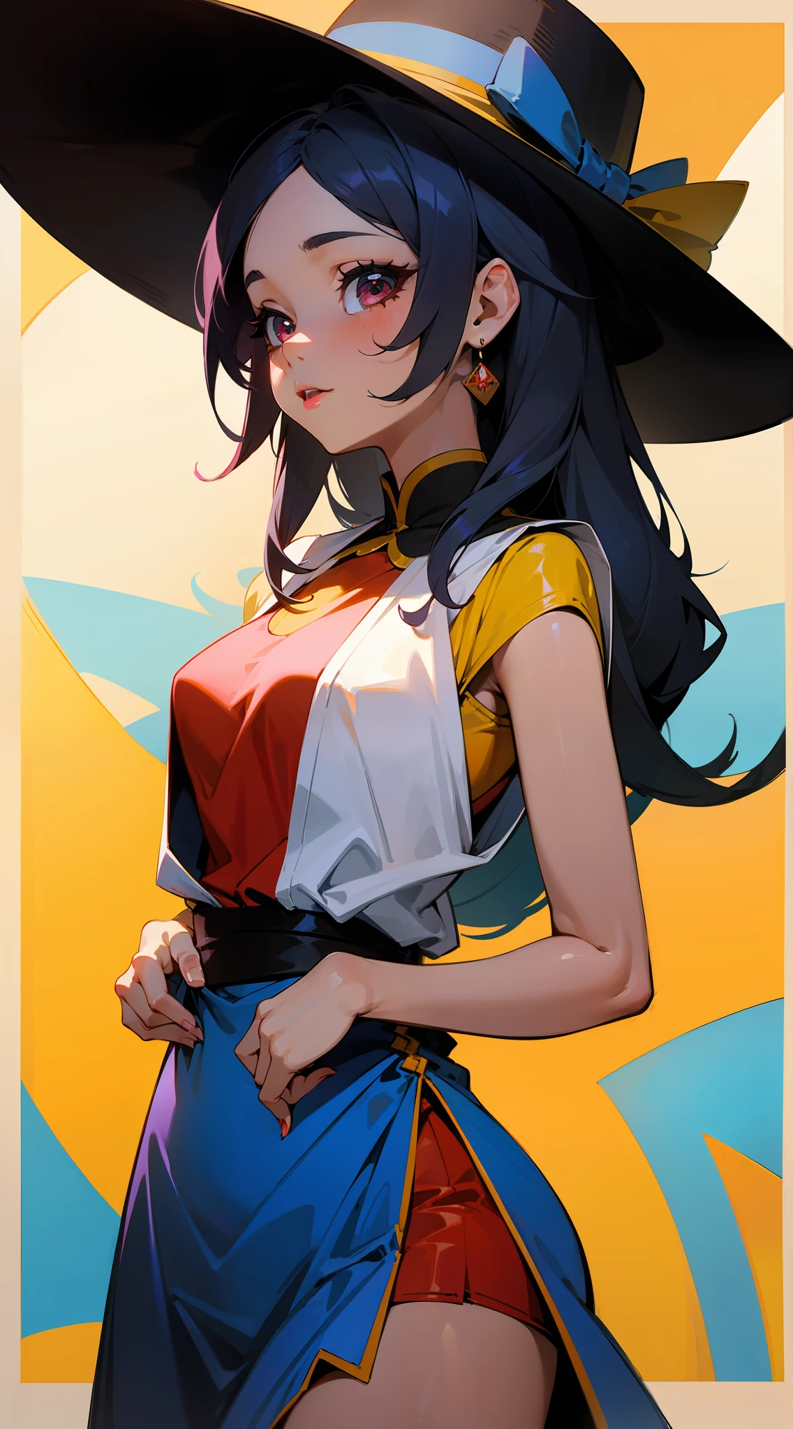 Una chica, cabello, sombrero de paja, vestido corto azul + rojo, ojos rojos, fondo amarillo, sexy
