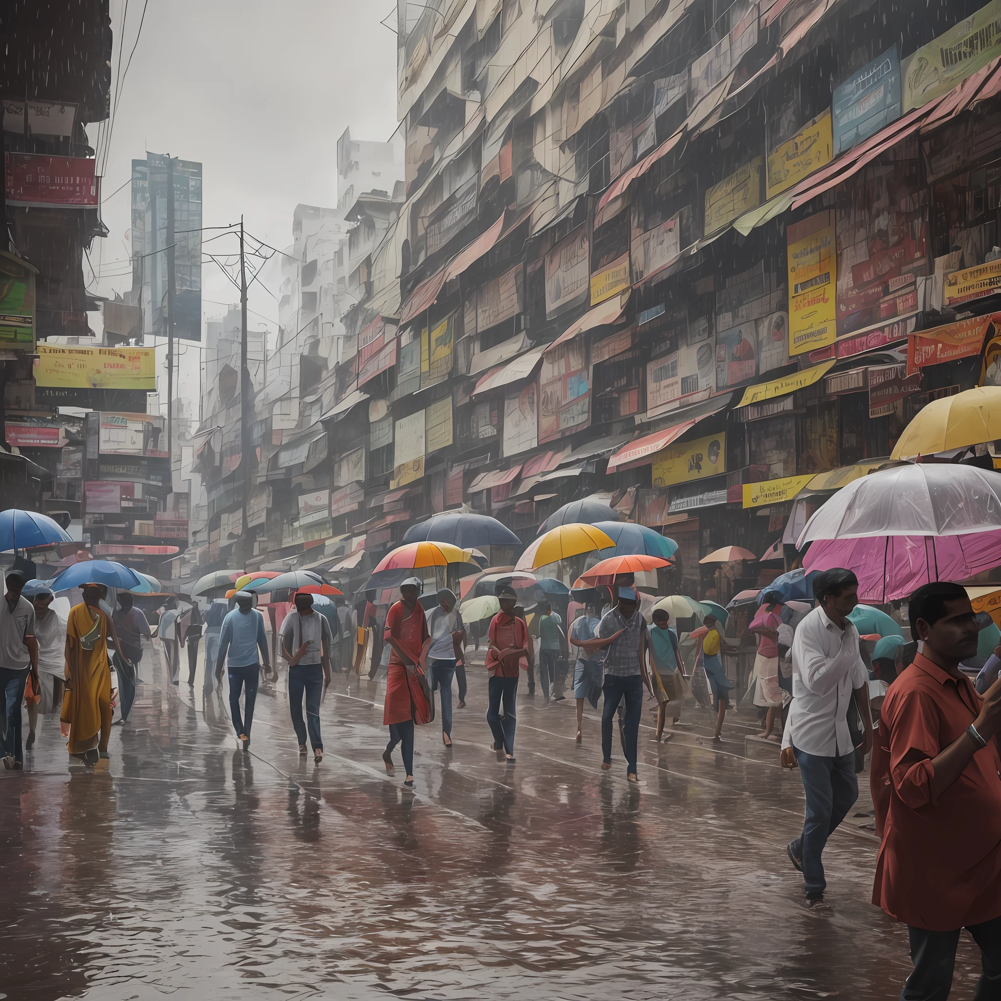 A photorealistic rendering of a bustling Mumbai street in the midst of a heavy downpour, with umbrellas and raincoats in full force. --auto --s2