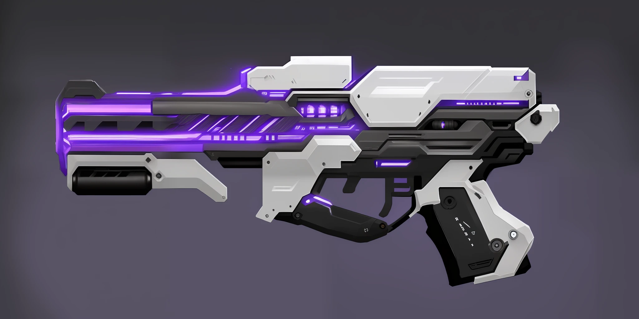 A gun，Purple and white lines，(巨作, Top quality, Best quality, offcial art, Beautiful and aesthetic:1.2),(8K, Best quality, 巨作:1.2), CGgameguniconcsw, (No Man:1.5), arma, grey backdrop, Simple background, ,arma, Vehicle focus, logo, radio antenna, Science fiction,assets