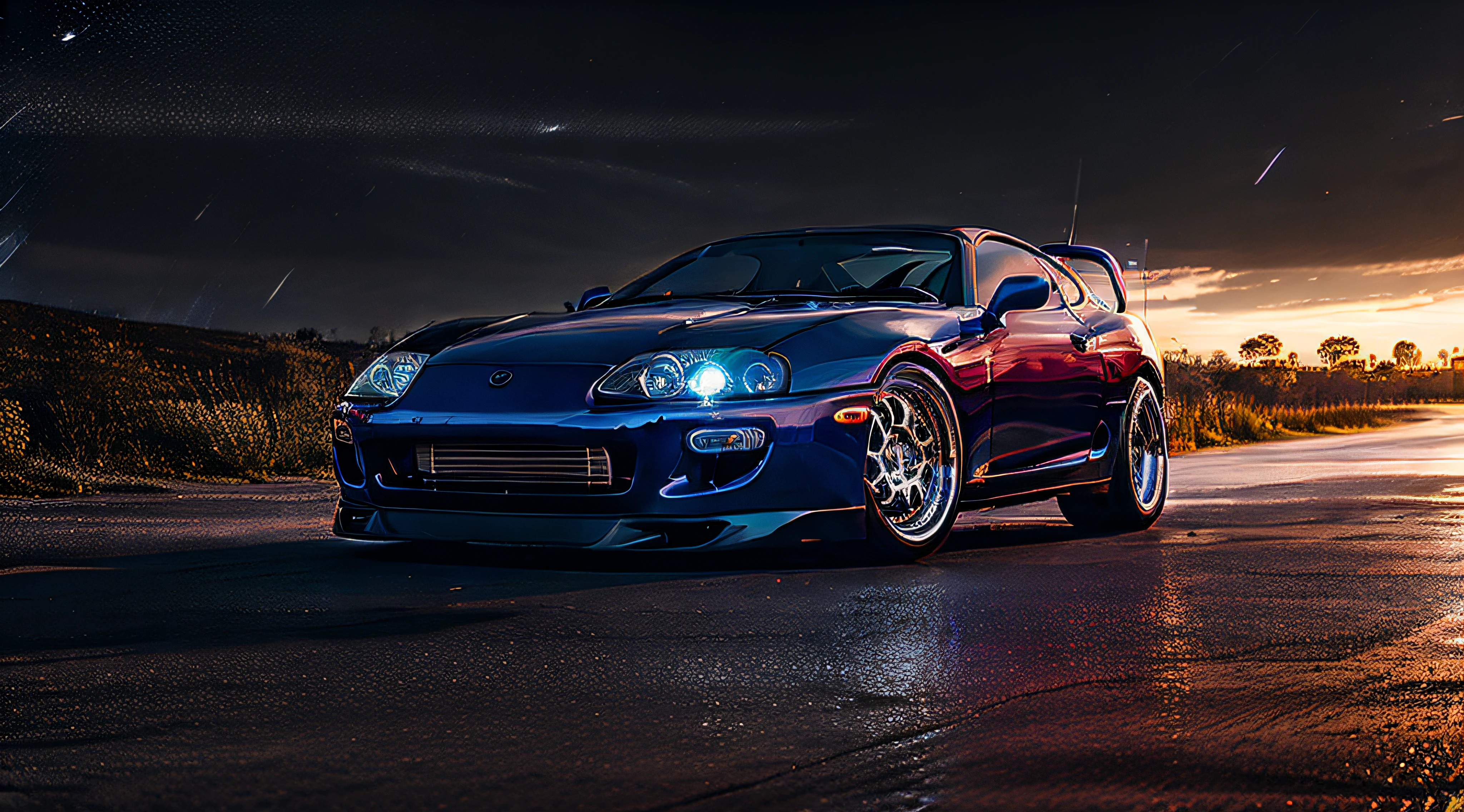(STANCE), masterpiece,best quality,official art,extremely detailed CG unity 8k wallpaper,illustration, light,car, bright, sports car, vehicle focus, road, ((need for speed)),((NFS)), moving, wet, (((night, midnight))),neon lights,drift, (MARKII)