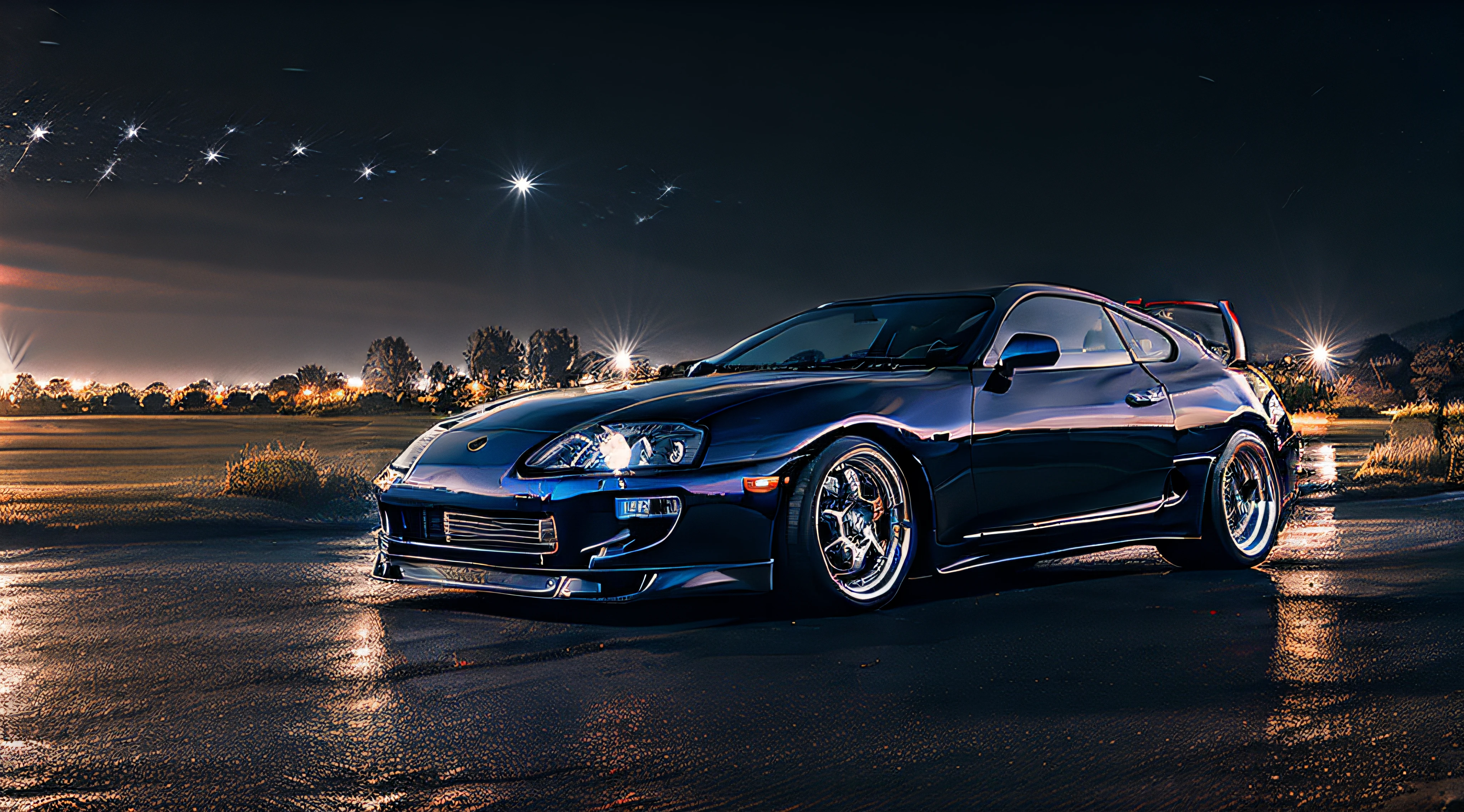 (STANCE), masterpiece,best quality,official art,extremely detailed CG unity 8k wallpaper,illustration, light,car, bright, sports car, vehicle focus, road, ((need for speed)),((NFS)), moving, wet, (((night, midnight))),neon lights,drift,  (MARKII)