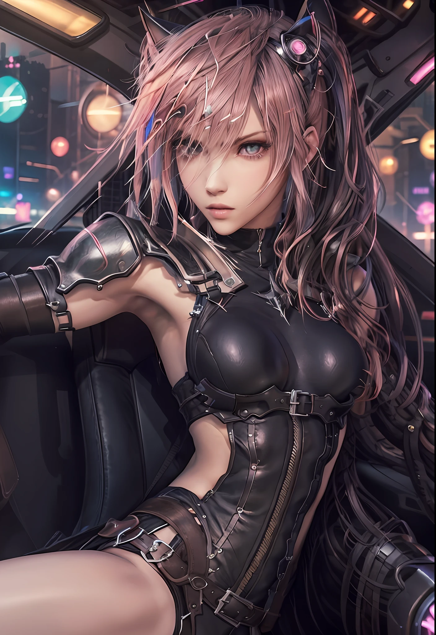 Obra maestra, alto detalle, mujer estilo rokero, cabello corto rojo intenso, sentada en un carro, pose sexi, Estilo cyber punk, Ciudad, luces neon, lots of lighting.