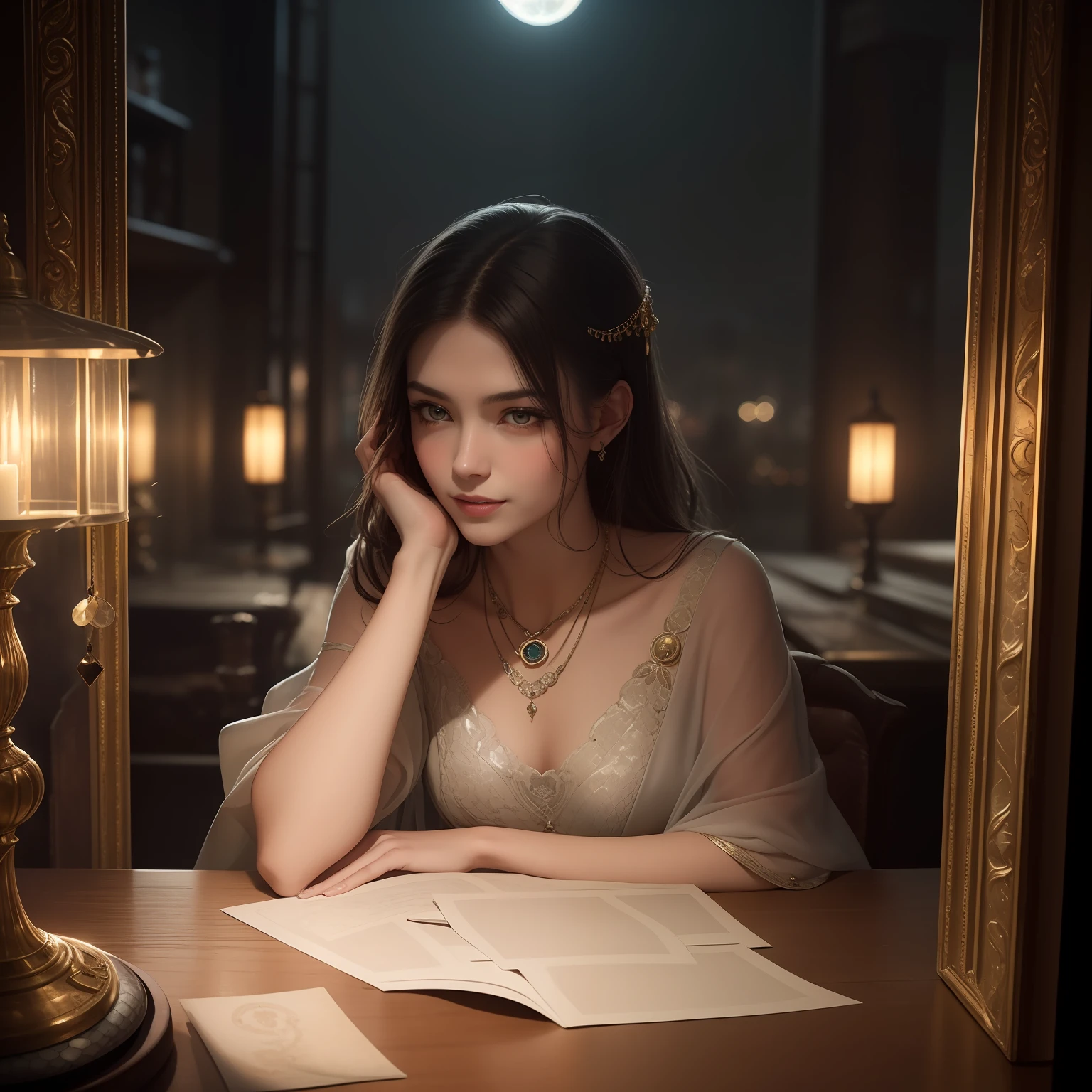 Masterpiece,Polish Woman, libra,fortune,((1 girl))),(1),Teen,Silver midium hair, wearing a antique elegant dress, ((Dark eyes)),Detailed face, ((grab old scales)), (Skin pores:1.1), 4K, Hyperrealism, Realistic, Hyper-realistic, High Resolution, 35mm lens, Cinematic, Soft lighting, Magnificent Real , Faded, ((neutral)), (HDR:1.5), Muted colors, Pastel, Warm light, Dramatic light, Complex background, Complex detail, Ultra detail, Magnificent, Elegant cinematography, light smile, steampunk fortune teller, amulet, moonlight, night antique shop in background, small lips