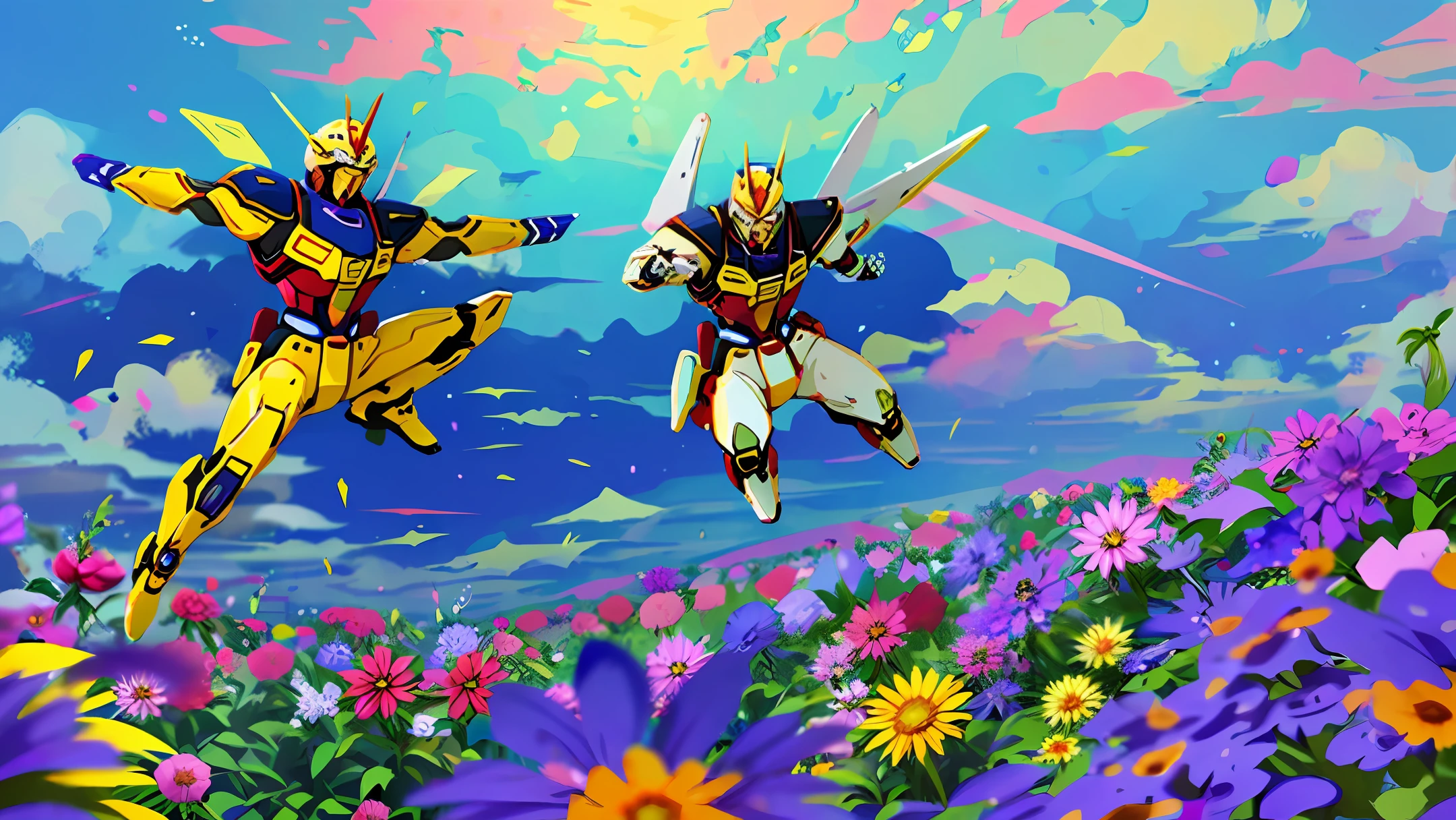 Gundam jumps in a sea of flowers