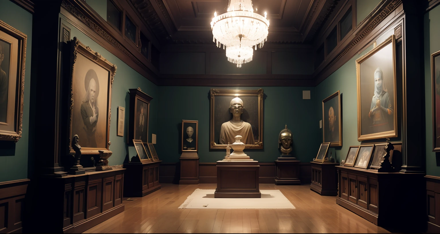 As you enter the museum exhibition room, a shroud of mist envelops the space, casting an otherworldly atmosphere. Dim, eerie lighting flickers from old-fashioned chandeliers hanging precariously from the ceiling, casting long, ghostly shadows that dance across the walls. The room itself is expansive, with high ceilings and ornate architectural details that hint at its rich history. Antique display cases line the walls, showcasing a myriad of strange and ancient artifacts. Each case is filled with objects that seem to have a mysterious aura about them. Cracked masks with haunting expressions peer out, while ancient scrolls covered in faded runes lay unfurled, their secrets lost to time. The artifacts are arranged meticulously, creating a sense of intrigue and curiosity. In one corner, an imposing suit of armor stands sentinel, its metal gleaming faintly in the dim light. In another, a weathered sarcophagus lies open, revealing ornate hieroglyphs and the remnants of an ancient mummy. The air is heavy with a mix of mustiness and incense, as if the room itself holds secrets and whispers from the past. Soft, haunting melodies echo through hidden speakers, adding to the eerie ambiance. Occasionally, you catch glimpses of movement in the corner of your eye, but when you turn, there is nothing there. This haunted museum exhibition room is a place where the veil between the present and the past is thin, where the curious are drawn to explore the mysteries of forgotten ages. As you wander through the space, you can't help but feel a sense of unease and anticipation, as if the artifacts themselves hold stories waiting to be told.