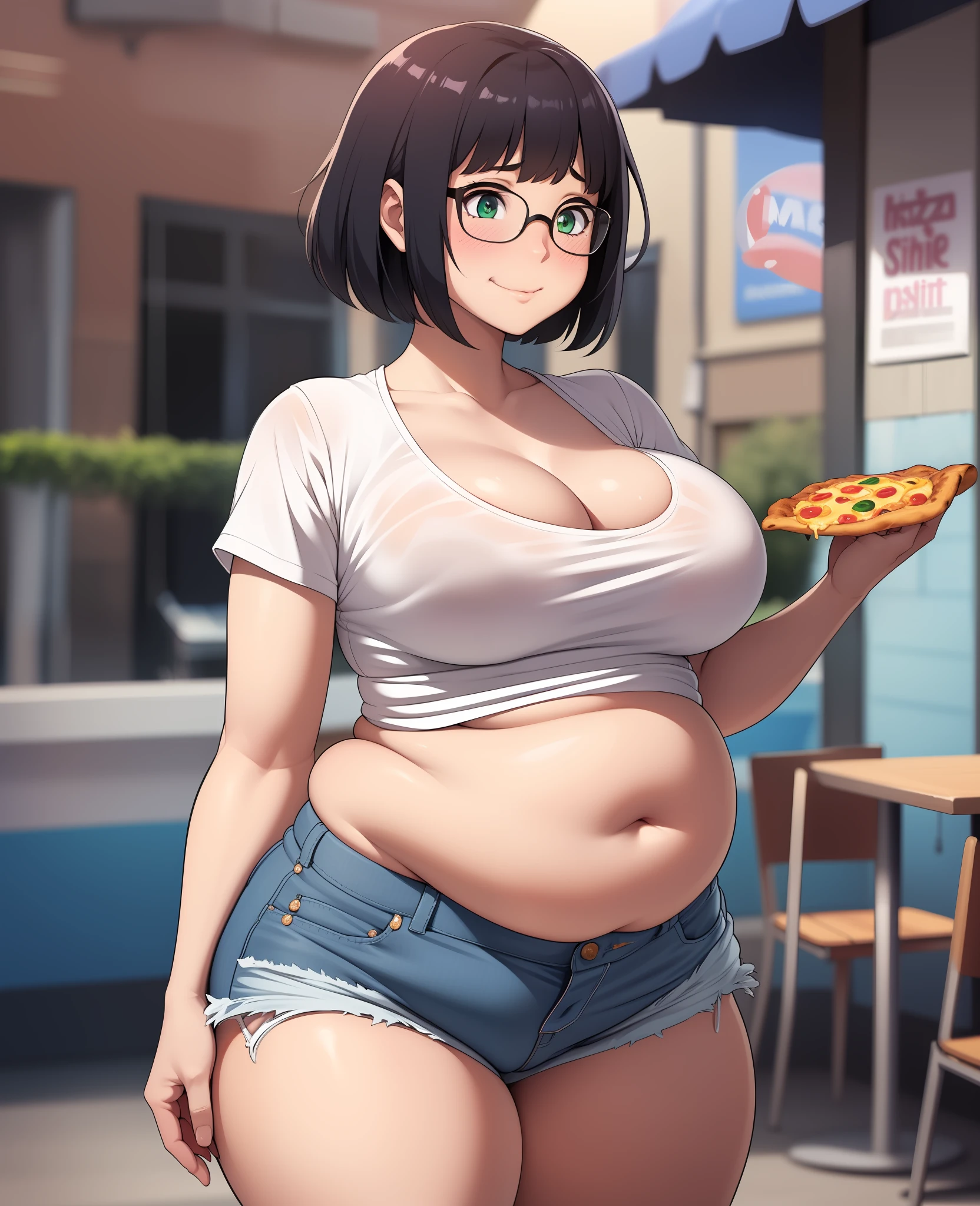 (((kipteitei art))), Masterpiece, high quality, best quality, beautiful, HD, perfect lighting, detailed face, detailed body, 1girl, solo, short black hair, bangs, fluffy hair, ((messy hair)), green eyes, glasses, nervous smile, ((embarrassed look)), ((blush)), medium breasts, cleavage, perky breasts, (wide hips), ((thick thighs)), big ass, ((pudgy)), (belly hang), belly rolls, ((((belly grab)))), holding pizza, ((white shirt)), (((jean shorts))), (((tight clothes))), ((undersized clothes)), cafe, in public,