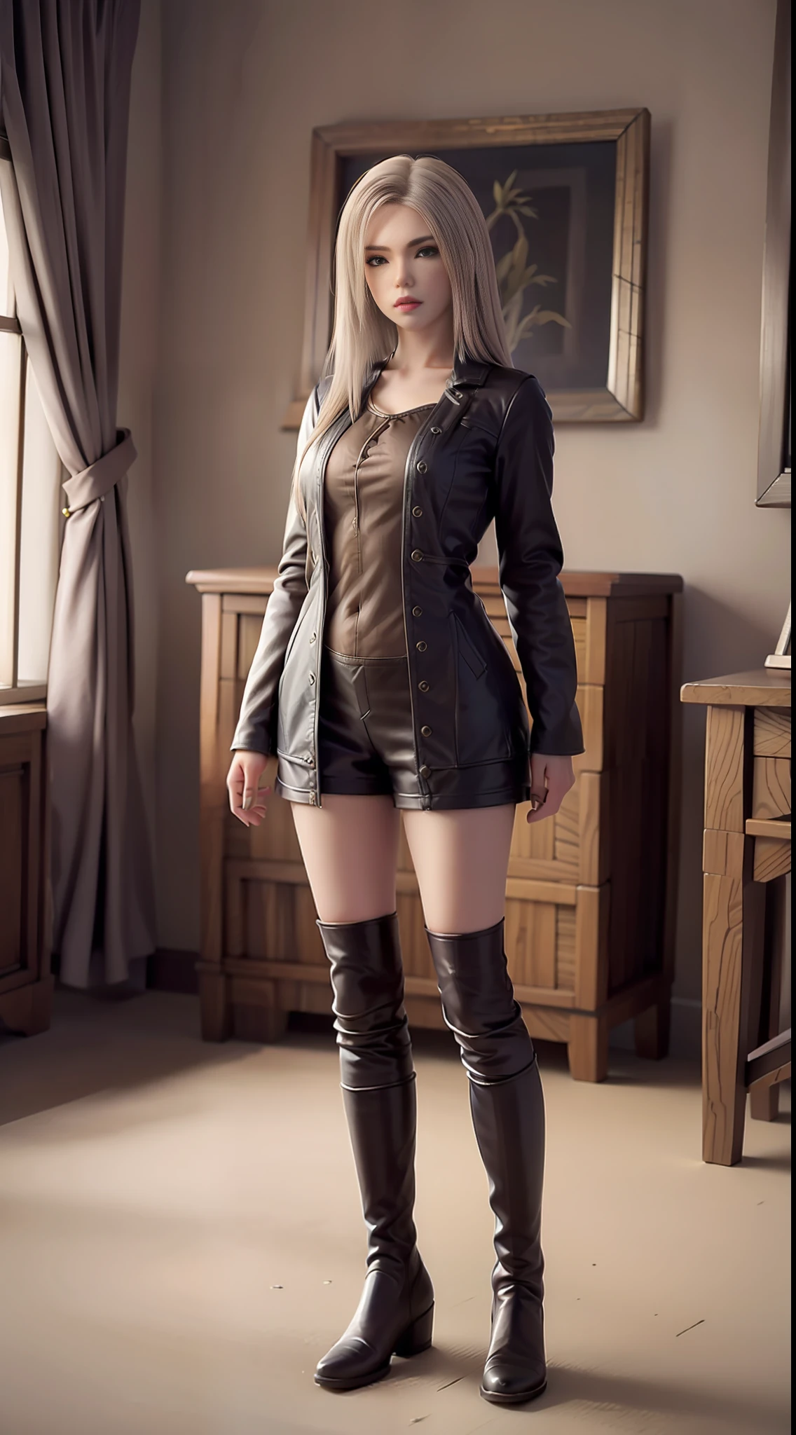 kaisha,ultra-high-resolution,realisticlying,Photorealistic, imagination, (realisian), composition,(HDR:1.5), exteriors, Complicated details,One-piece leather coat,Long legs,Long leather boots,8K,to stand,body complet,looking ath the viewer,Redlip,Butterfly mask,arms wide open,