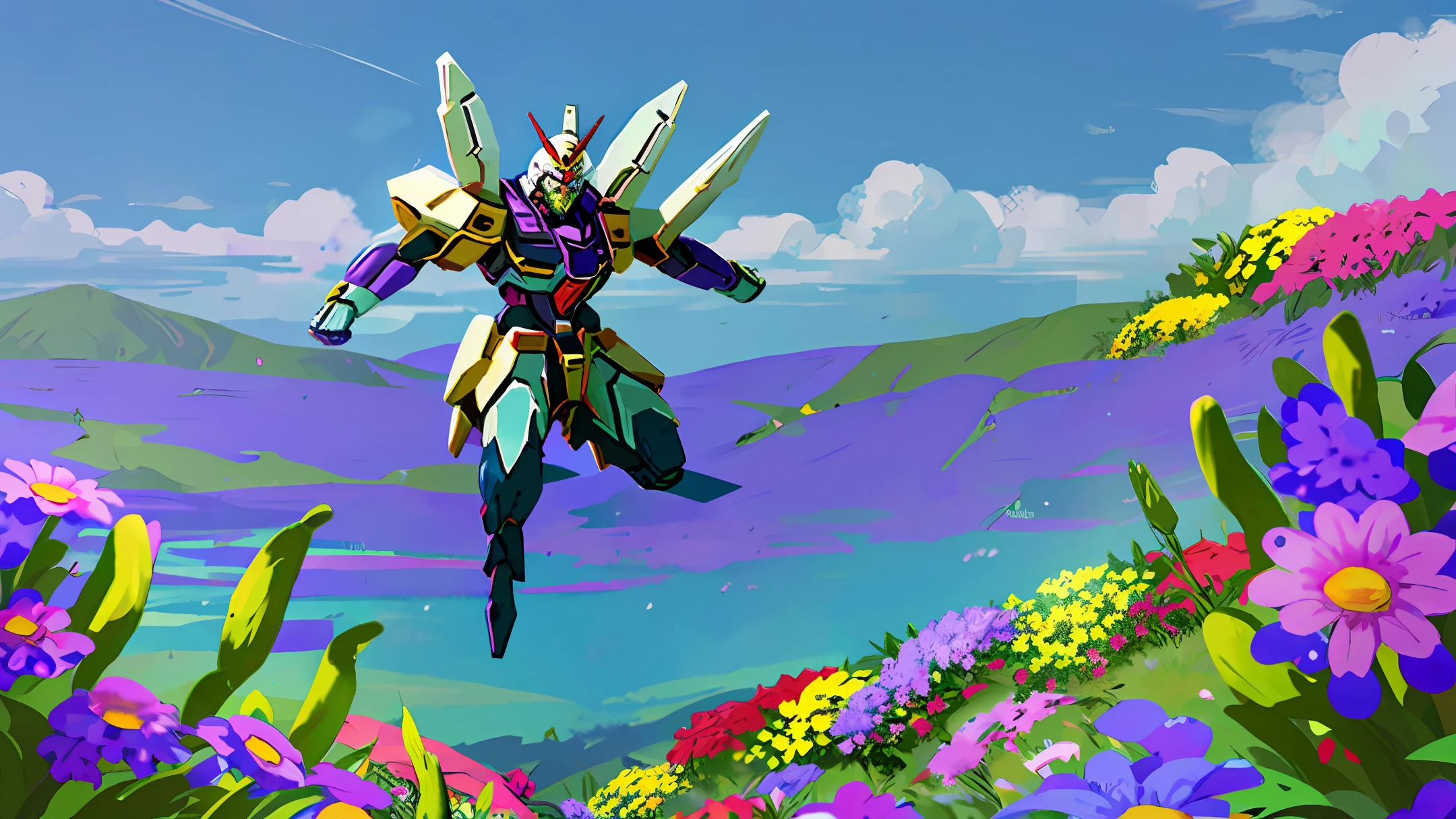Gundam jumps in a sea of flowers