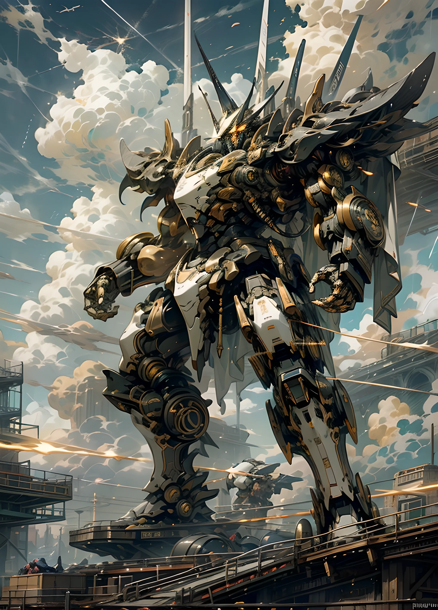 The sky, drifting clouds, mecha warrior lightsaber in hand, uninhabited, glowing with dazzling light, magnificent buildings holding the sky; Robots, dazzling eyes, the combination of heavy armor and machinery, advanced science and technology embodiment, the future world, full of unknowns and possibilities.