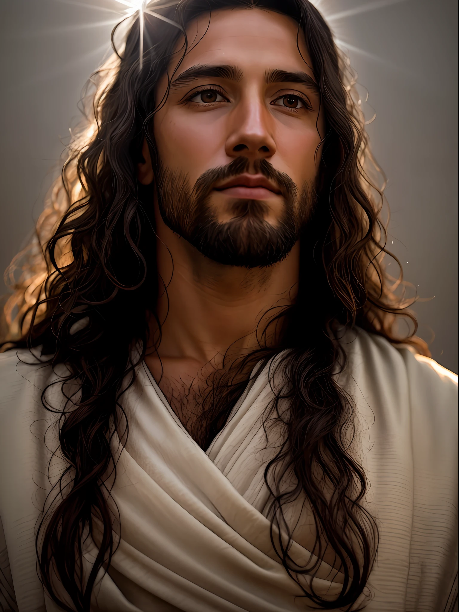 add_detail:1, realistic image of Jesus Christ, add_detail:light and distant light from heaven above the head