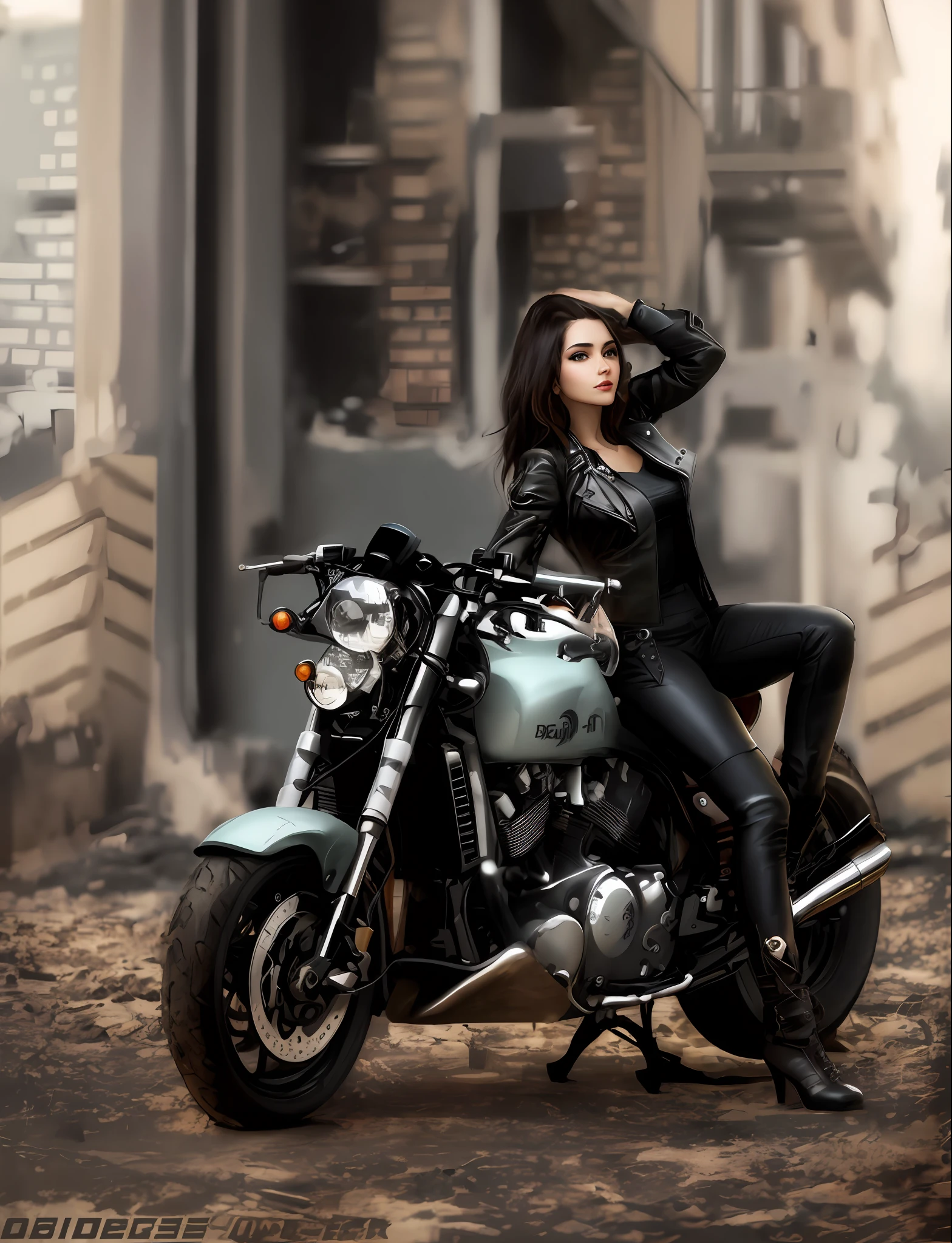 woman in black leather outfit sitting on a motorcycle in front of a building, vestido em couro motociclista, imagem de uma motociclista feminina, sentado em uma motocicleta, motociclista, motocicleta, motociclista, olhar, sentado em moto cyberpunk, Motocicletas, cafe racer, olhar dieselpunk, estilo dieselpunk, elegante, roupas de couro, pilotando uma motocicleta, Super modelo indiano