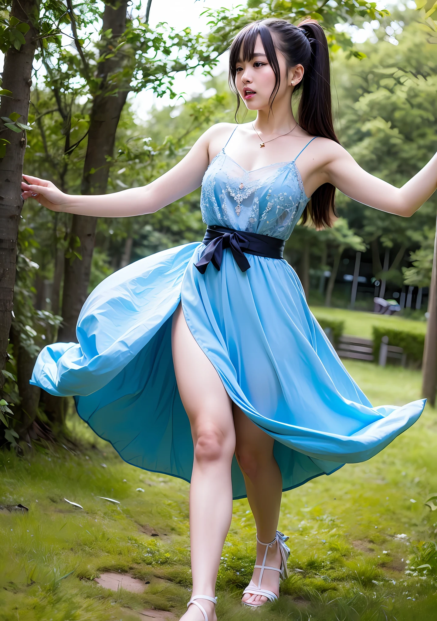 In the dense forest,Moonlight spilled,Illuminate a mysterious and dreamy scene。Towering trees glow in the starlight,Butterflies dance faintly between the canopies。A gentle breeze blows the long grass and flowers,It makes a sound that looks like a musical note。
In this tranquil forest,A beautiful woman looms。She wore a long blue dress that shone like stars,The thin waist curves gracefully,Skin like curd,It was white and pure, as if moonlight was shining on her。She has black hair as night,Waist length hair,Gently fluttering with her steps in the breeze。
Her eyes were as bright as stars,The deep eyes reveal wisdom and mystery。the corners of the mouth are slightly raised,Exudes a touch of confidence and elegance。Her tall figure is paired with slender legs,It's admirable。
She stepped lightly on the petals beneath her feet,With the ripple of footsteps,The stars bloom like fireworks。The little animals around her surrounded her curiously,It seems to feel the magic and the essence of kindness that she possesses。This picture seems to depict a fairytale scene,It's like you're in a dreamy starry night。In this wonderland,That one has long hair、Skin whitening、Beautiful woman with long legs shines like stars,Become the most beautiful being in this dream world。