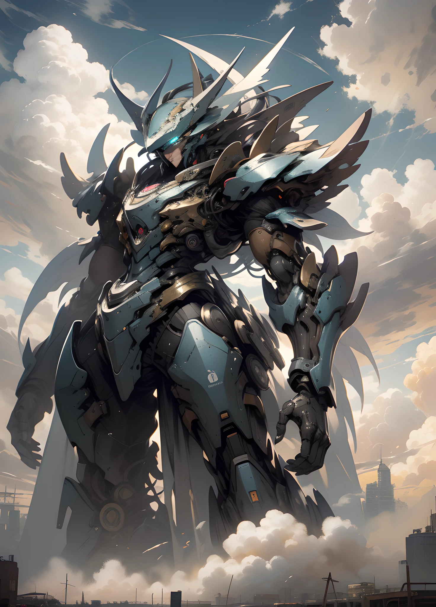 ((Best Quality)), ((Masterpiece)), (detailed), Giant Mech, Spread Arms, Perched on Clouds, (Fantasy Illustration: 1.3), Enchanting Eyes, Otherworldly Charm, Mysterious Sky, (Luis Royo: 1.2), (Yoshitaka Amano: 1.1), Moonlit Night, Pastel Colors, (Detailed Cloud View: 1.3), (High Resolution: 1.2), 8K