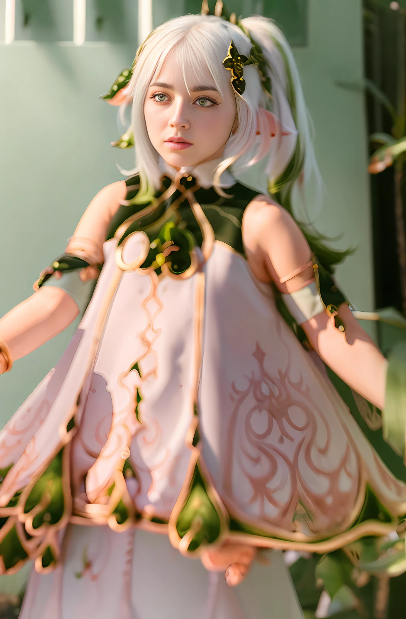 persian girl, persian women, persian person, photo, cute persian girl, photoshoot, ultrahd, realism, realistic photo, beautiful, white, pale arab, baby, toddler, little ???, little, loli, pale girl, white dress decorated with green and gold details, short detached sleeves made of green fabric, and a gold bracelet, ponytails, braid, white hair,