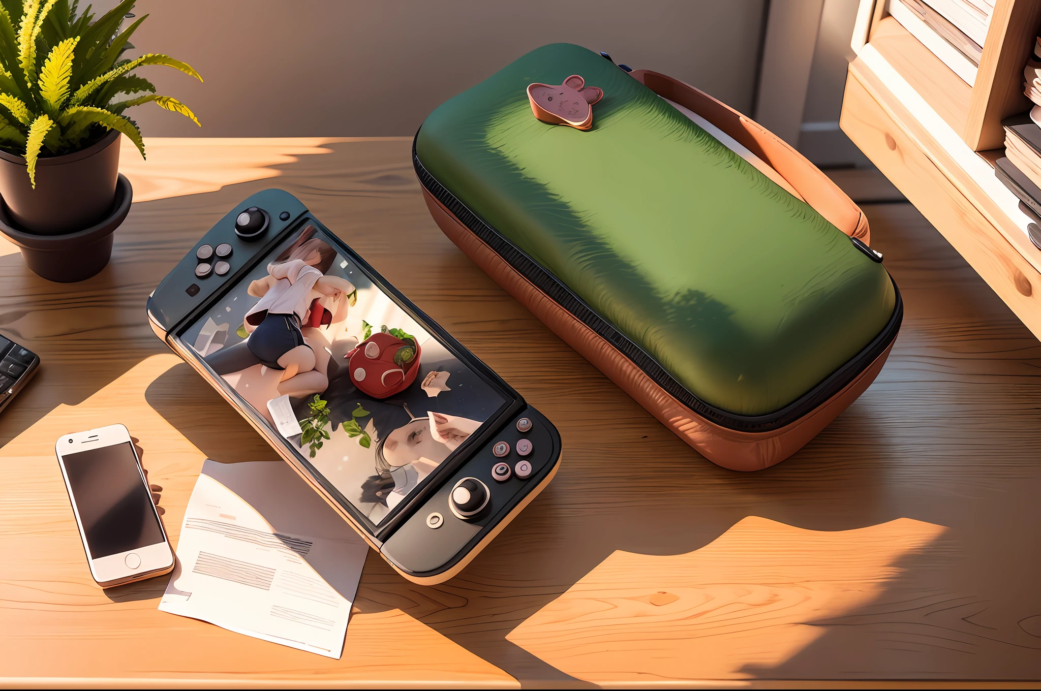 Bright workspace,Dark walnut table top and smooth white legs,Accompanied by verdant potted plants and state-of-the-art laptops,Rose red bag,Real-world scenarios,The photograph,shot,ultra high def,