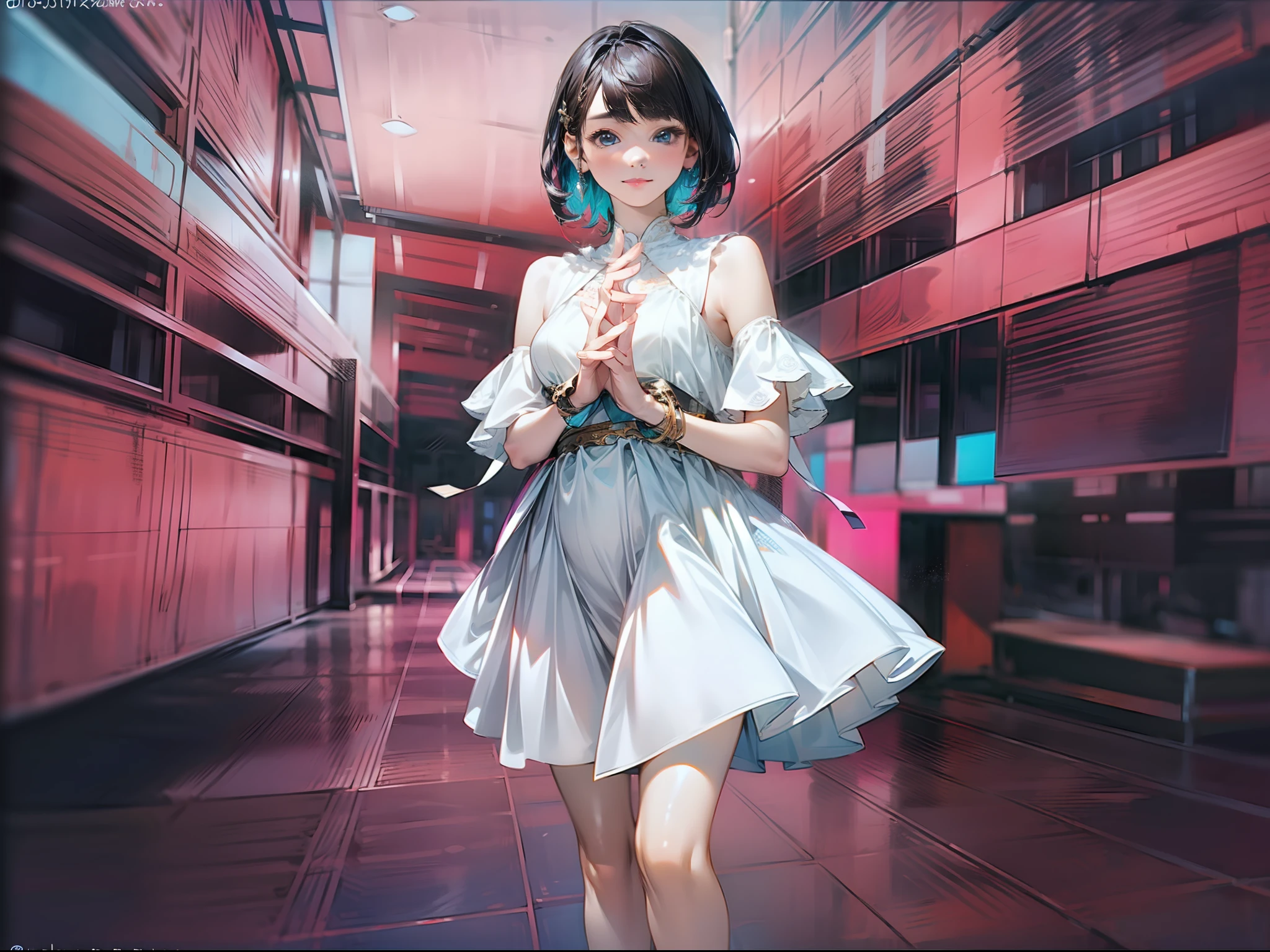 (巨作)、the detail、12K、8K、((Full-body photo from head to toe))、(((Twitter Taste Girls)))、Girl in tight white base dress、short dark hair、Colorful inner hair、Realistic and sharp details、portrait shooting、Super Intricate Details、Ultra-fine details