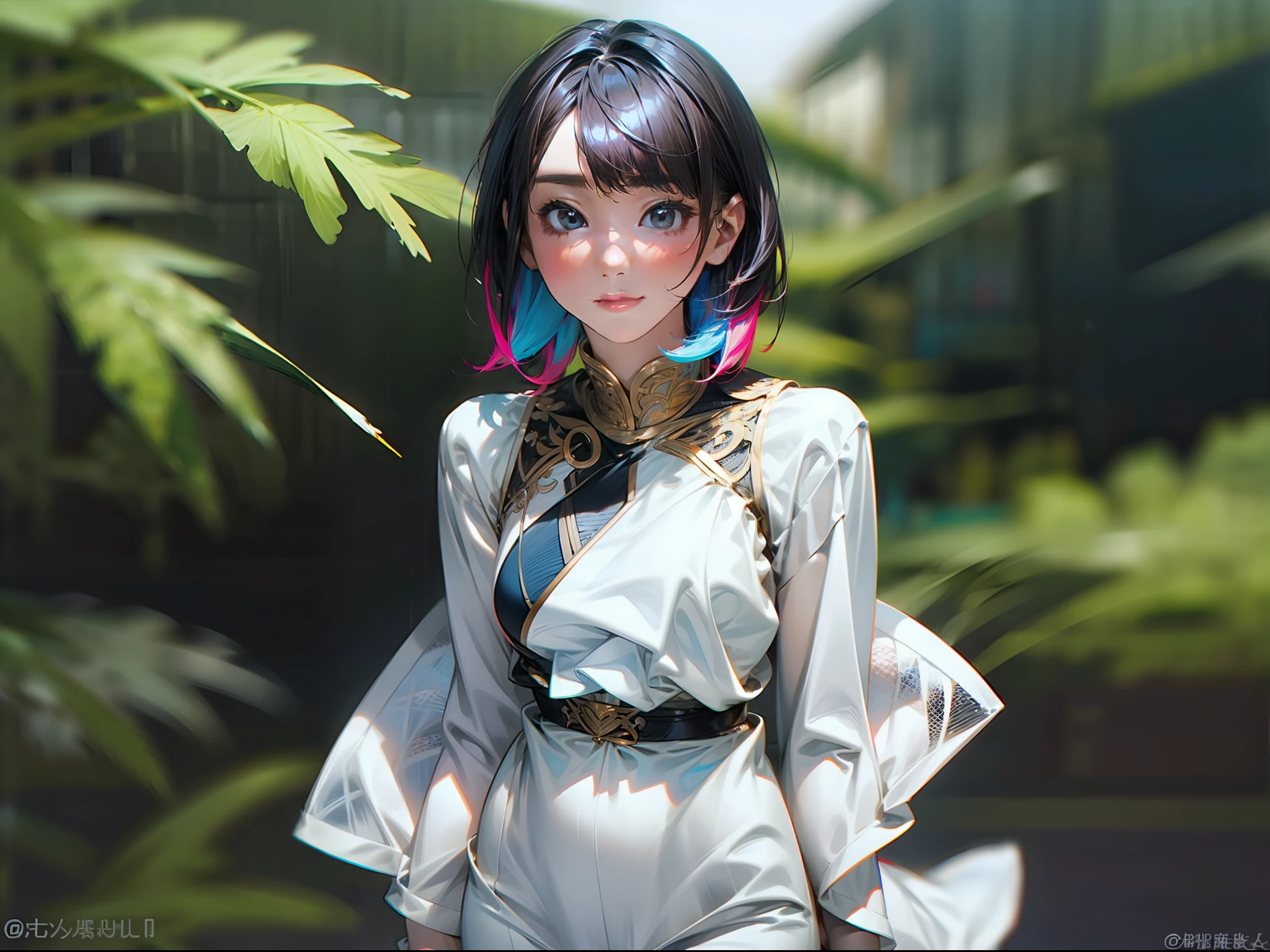 (巨作)、the detail、12K、8K、((Full-body photo from head to toe))、(((Twitter Taste Girls)))、Girl in tight white base dress、short dark hair、Colorful inner hair、Realistic and sharp details、portrait shooting、Super Intricate Details、Ultra-fine details