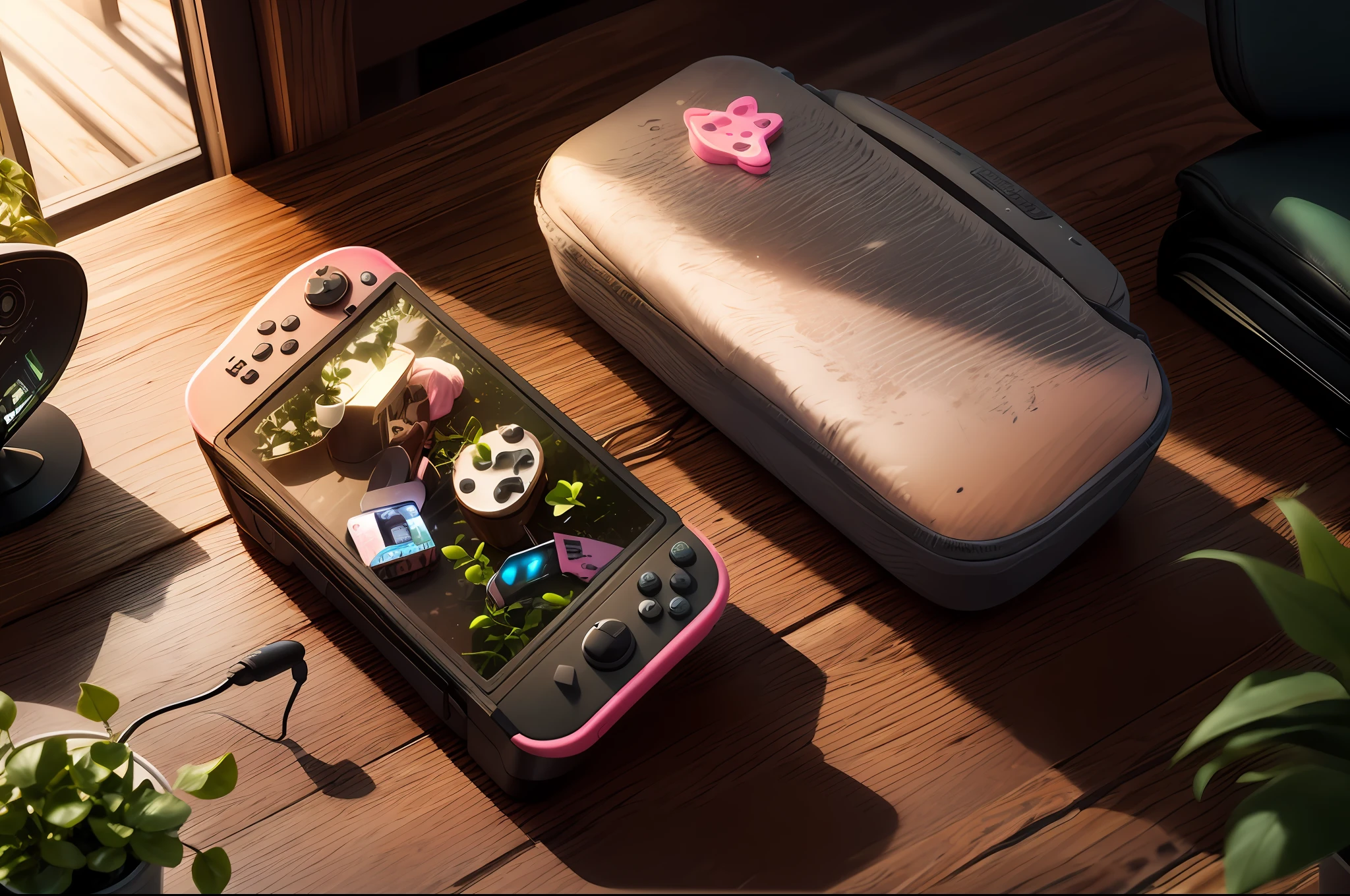 Bright workspace，Dark walnut tabletop，A pink one，A Nintendo controller，Accompanied by verdant potted plants and laptops，Real-world scenarios，The photograph，photography of，ultra high def