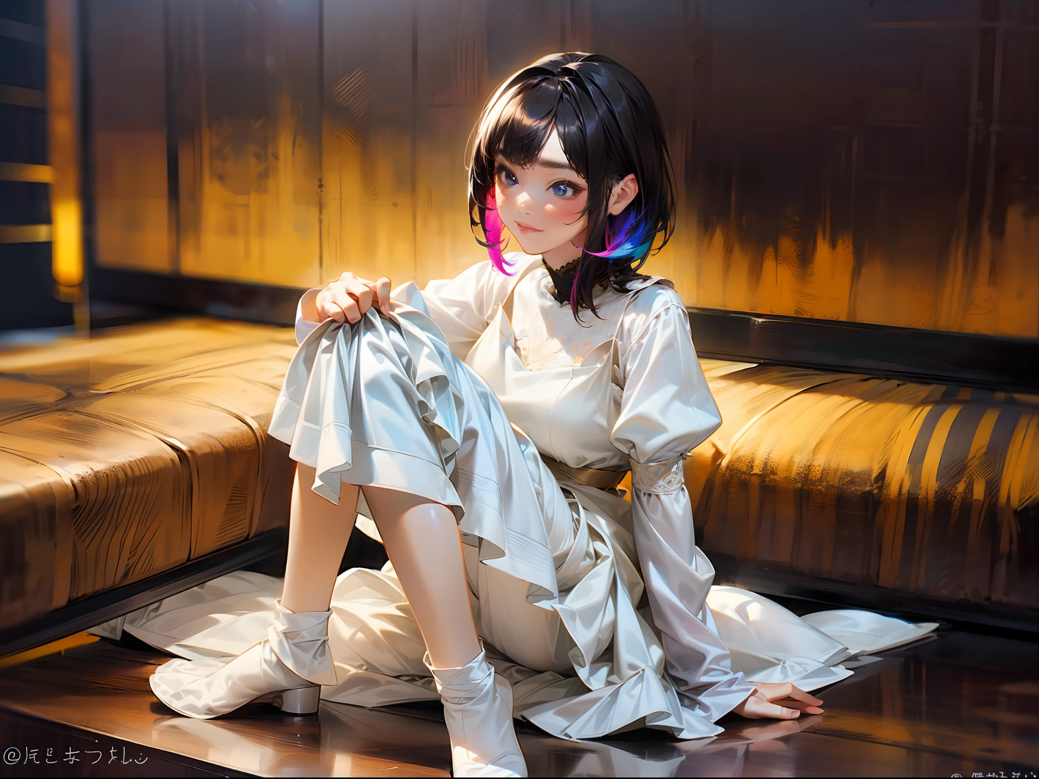 (巨作)、the detail、12K、8K、((Full-body photo from head to toe))、(((Twitter Taste Girls)))、Girl in tight white base dress、short dark hair、Colorful inner hair、Realistic and sharp details、portrait shooting、Super Intricate Details、Ultra-fine details