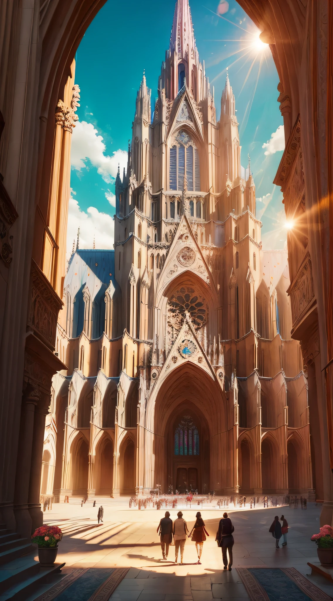 ((masterpiece)), ((best quality)), 8k, high detailed, ultra-detailed, 
A majestic cathedral stands tall in the center of the painting. Its intricate architecture is highlighted by the sunlight, casting shadows on its ornate spires and domes. The cathedral features a grand entrance with towering doors, adorned with intricate carvings. Surrounding the cathedral, there is a bustling cityscape with people going about their daily lives. In the foreground, a group of people are gazing up at the cathedral in awe, their faces filled with admiration. The scene is completed with vibrant trees and flowers, adding a touch of beauty to the surroundings.

Cathedral of La Reto, towering spires, intricate architecture, grand entrance with ornate carvings, sunlight casting shadows, bustling cityscape, people gazing in awe, vibrant trees and flowers.