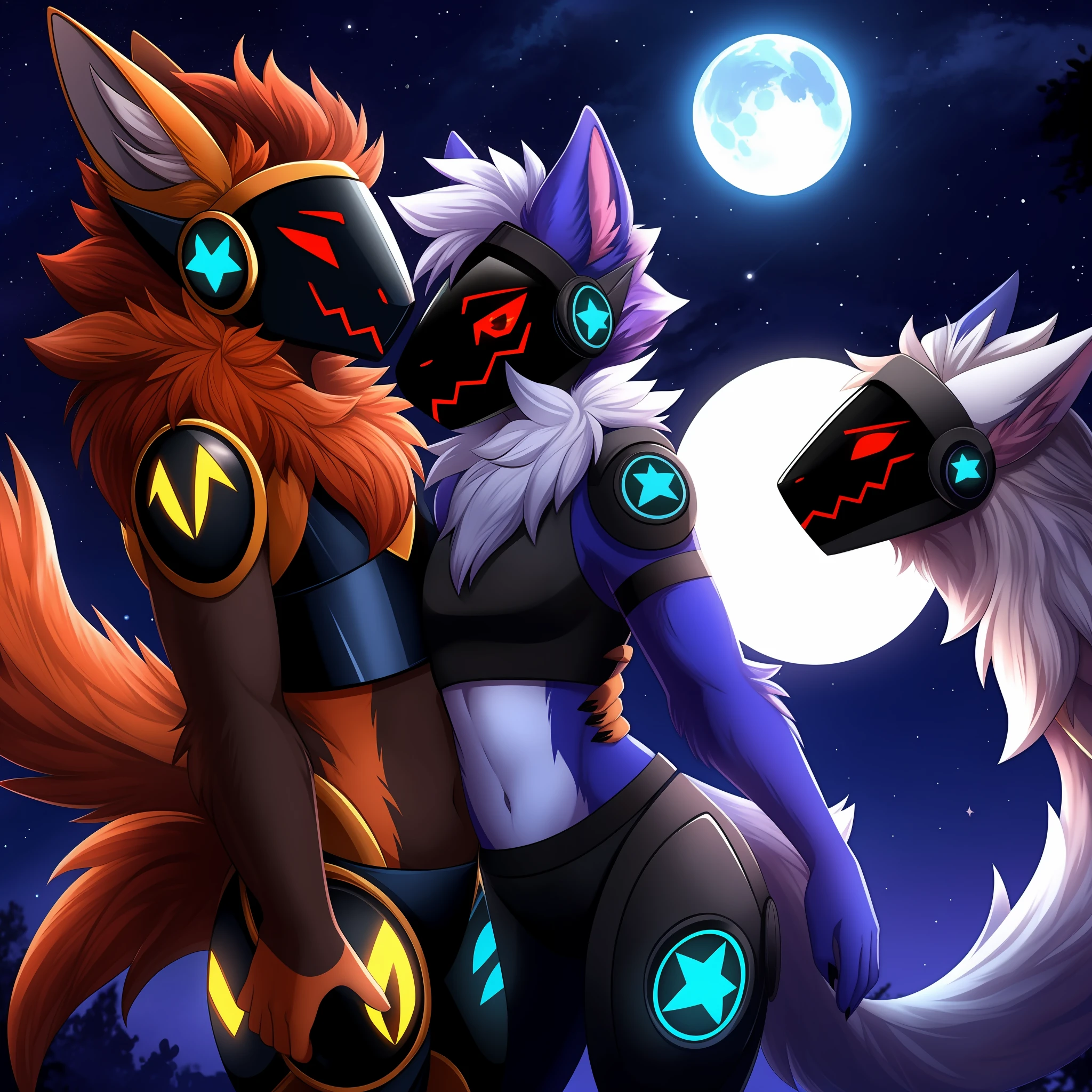 Protogen, pelaje negro y ojos rojos, pelaje suave, cuerpo detallado, posicion de pelea,agarrando una espada con una mano ,cielo oscuro, estrellas, luna llena, anochecer