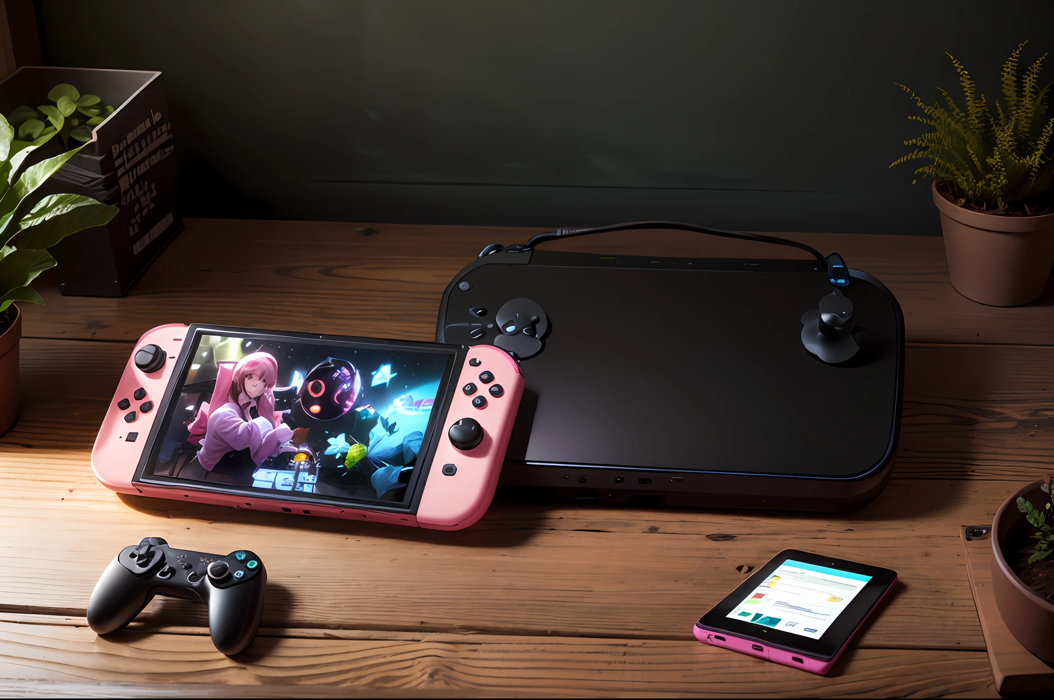 Bright workspace,Dark walnut tabletop,A pink one,A Nintendo controller,Accompanied by verdant potted plants and laptops,Real-world scenarios,The photograph,photography of,ultra high def
