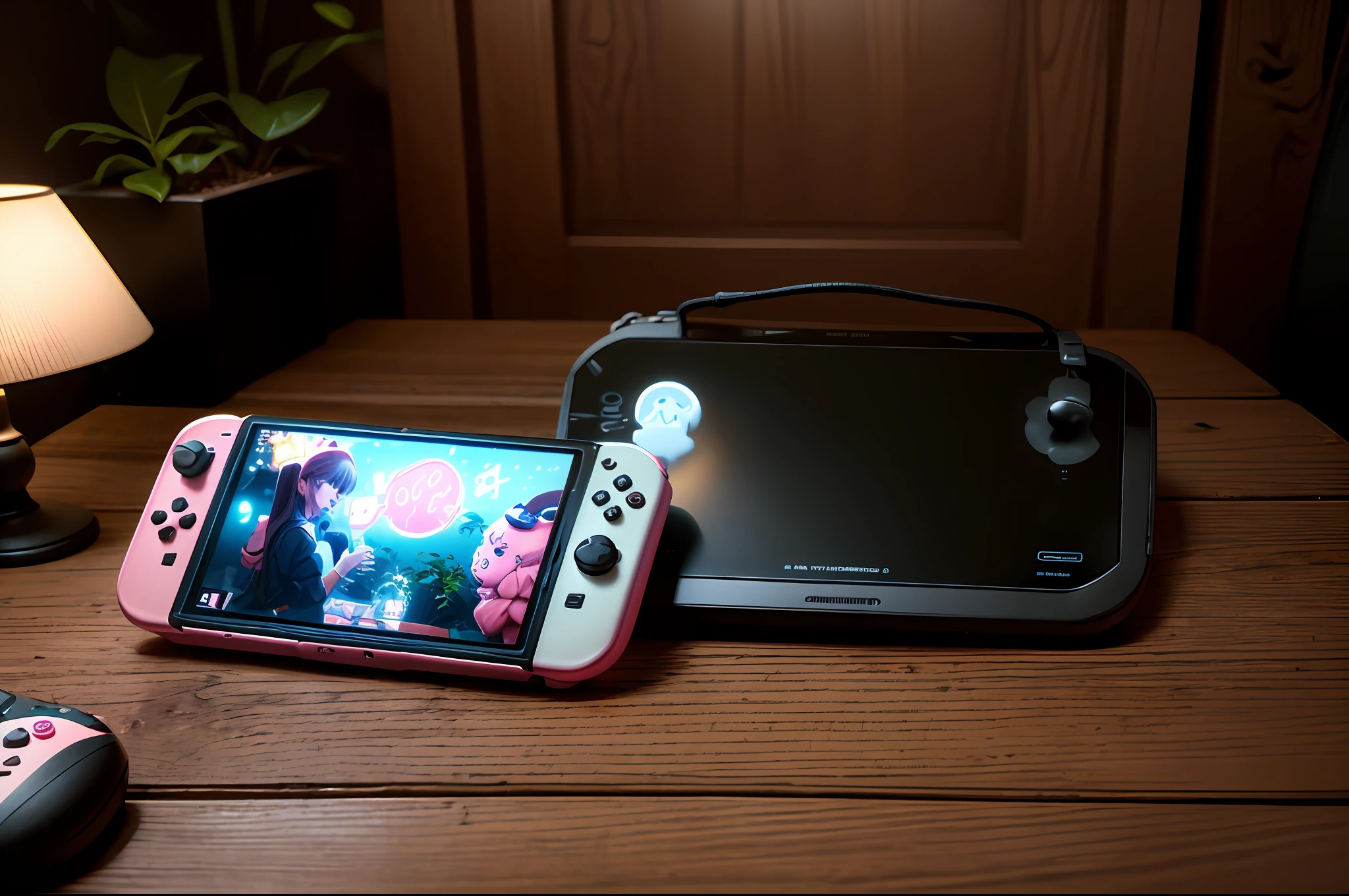 Bright workspace,Dark walnut tabletop,A pink one,A Nintendo controller,Accompanied by verdant potted plants and laptops,Real-world scenarios,The photograph,photography of,ultra high def