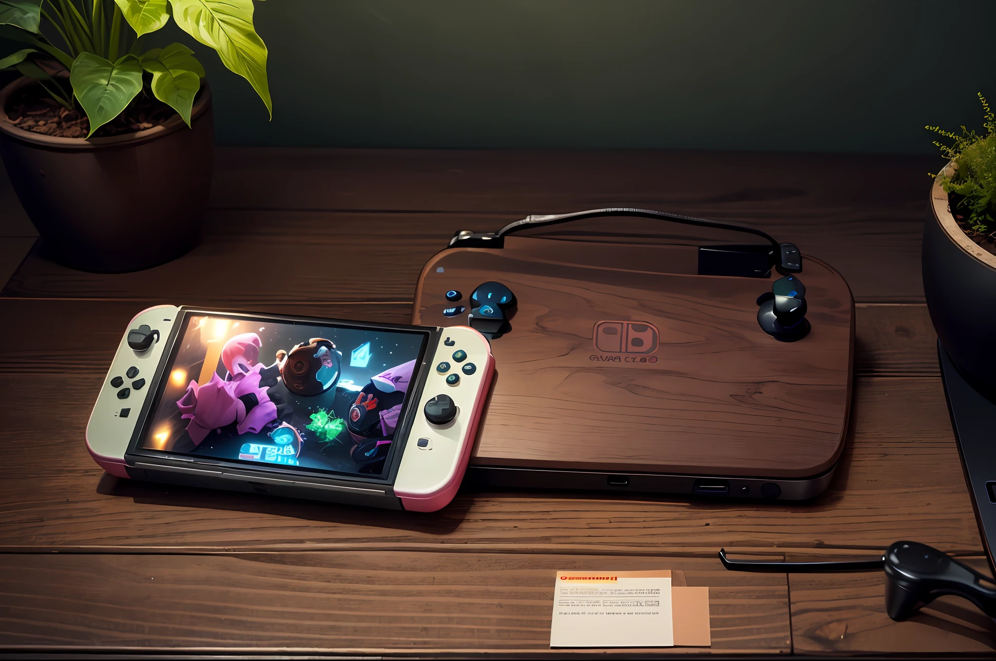 Bright workspace,Dark walnut tabletop,A pink one,A Nintendo controller,Accompanied by verdant potted plants and laptops,Real-world scenarios,The photograph,photography of,ultra high def