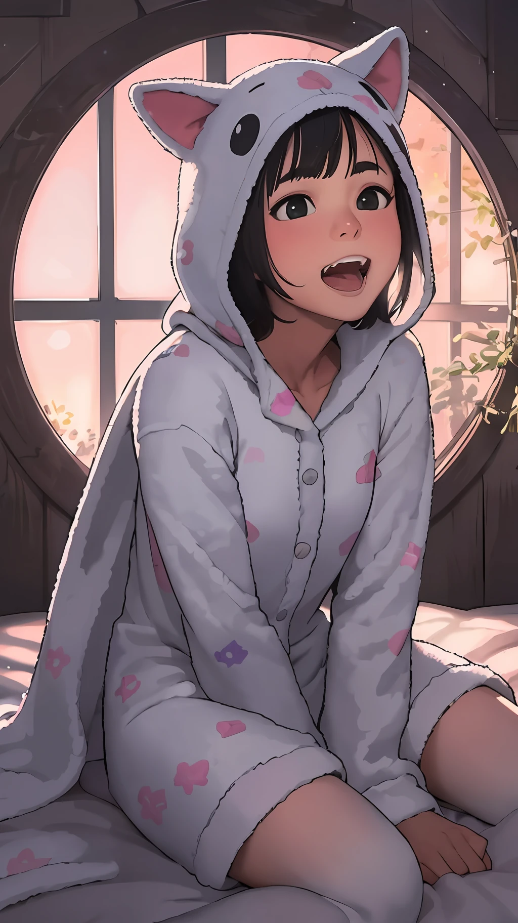 Original Character, Volumetric Lighting, Best Shadows, Shallow Depth of Field, Portrait Of Stunningly Beautiful Girl, Petite, Delicate Beautiful Attractive Face With Alluring Black Eyes, Half Closed Eyes, Thick Eyebrows, Yawning, Open Mouth, Cute Fangs, Lovely Small Breasts, Layered Medium White Hair, Blush Eyeshadow, Thick Eyelashes, Kigurumi Animal Pajamas, In The Dreamy Attic Bedroom, Sitting On Comfortable Bed, With Animal Pillows, Lovely Duvet Cover, Under The Circular Round Window, Fantastic Night Sky of Through Window, Moonlight, Milky Way, Starburst, (Highest Quality, Amazing Details:1.25), (Solo:1.3), Brilliant Colorful Paintings