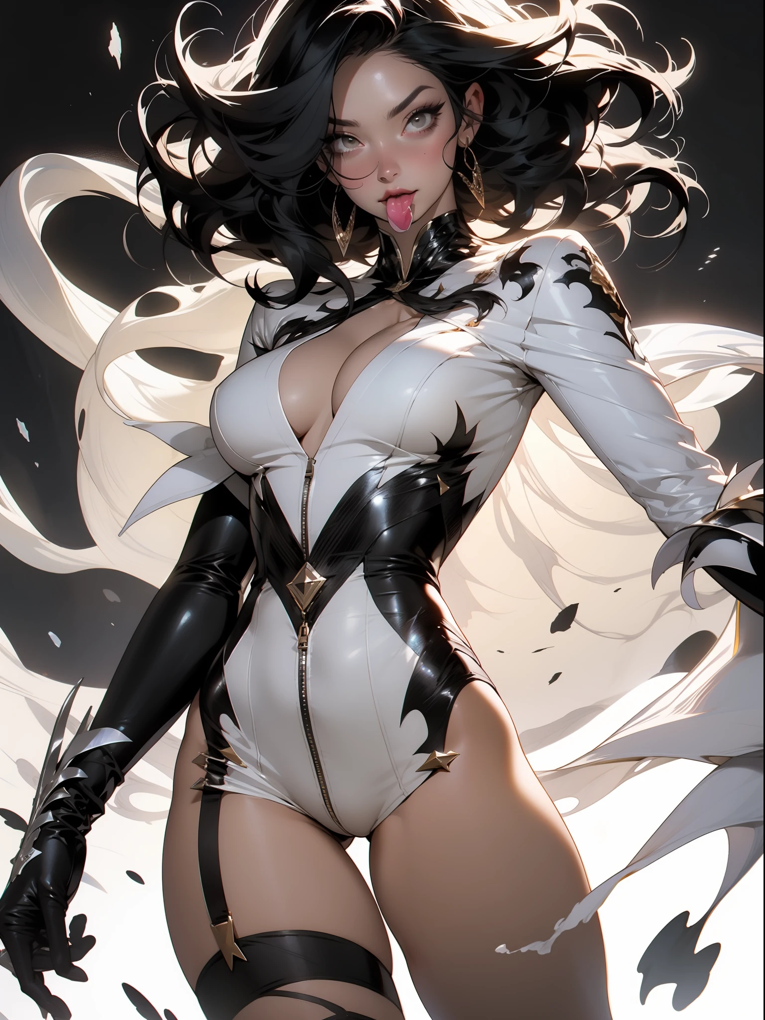 ((Best Quality)), ((Masterpiece)), (detailed: 1.4), (Absurd), A muscular 35-year-old warrior woman almost naked in the Simon Bisley style for the cover of Heavy Metal magazine, ((( Half black half white hair equal to Cruella ))), Cruella Devile, Minimum clothing, Red short clothes, ((Best quality)), ((masterpiece)), (detailed: 1.4), (Absurd), muscular sculptural body defined, whole body, half thick naked thighs,  mouth closed, muscular body covered by fantastic art clothing, semi naked, generous neckline, ((perfect large breasts)), (((white and black hair)))), long eyelashes heavy makeup, garter belt, by mucha, niji --V5, close to real, psychopath, crazy face, sexy pose, 2 piece clothing, pastel, centered, scale to fit the dimensions, HDR (High Dynamic Range),Ray Tracing, NVIDIA RTX,Super-Resolution,Unreal 5,Subsurface Dispersion, PBR Texture, Post-processing, Anisotropic filtering, Depth of field, Maximum clarity and sharpness, Multilayer textures, Albedo and specular maps, Surface shading, Accurate simulation of light-material interaction, Perfect proportions, Octane Render, Two-tone lighting, Wide aperture, Low ISO, White balance, Rule of thirds, 8K RAW