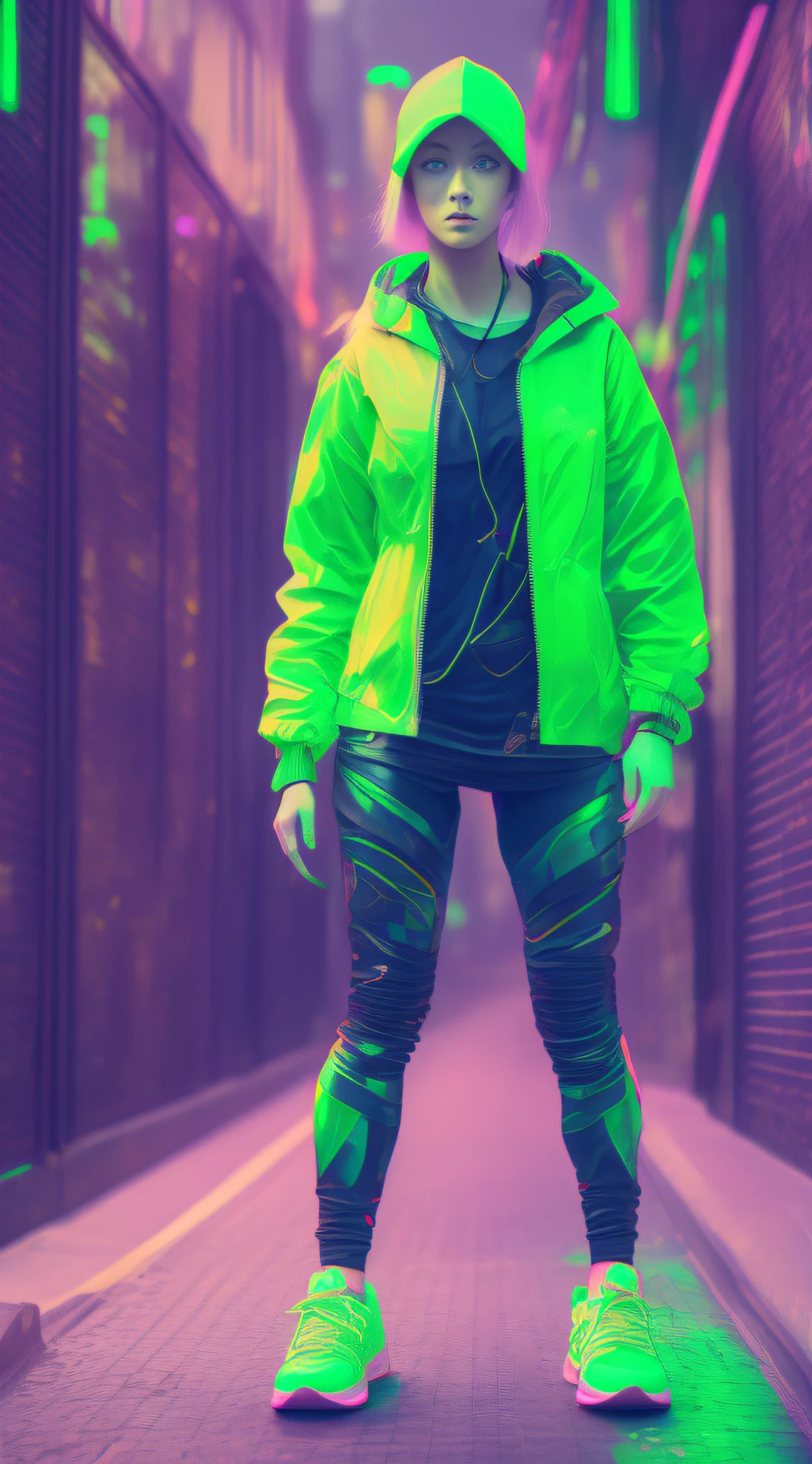Cyberpunk Girl wearing a phosphorescent yellow green clothes and sneakers