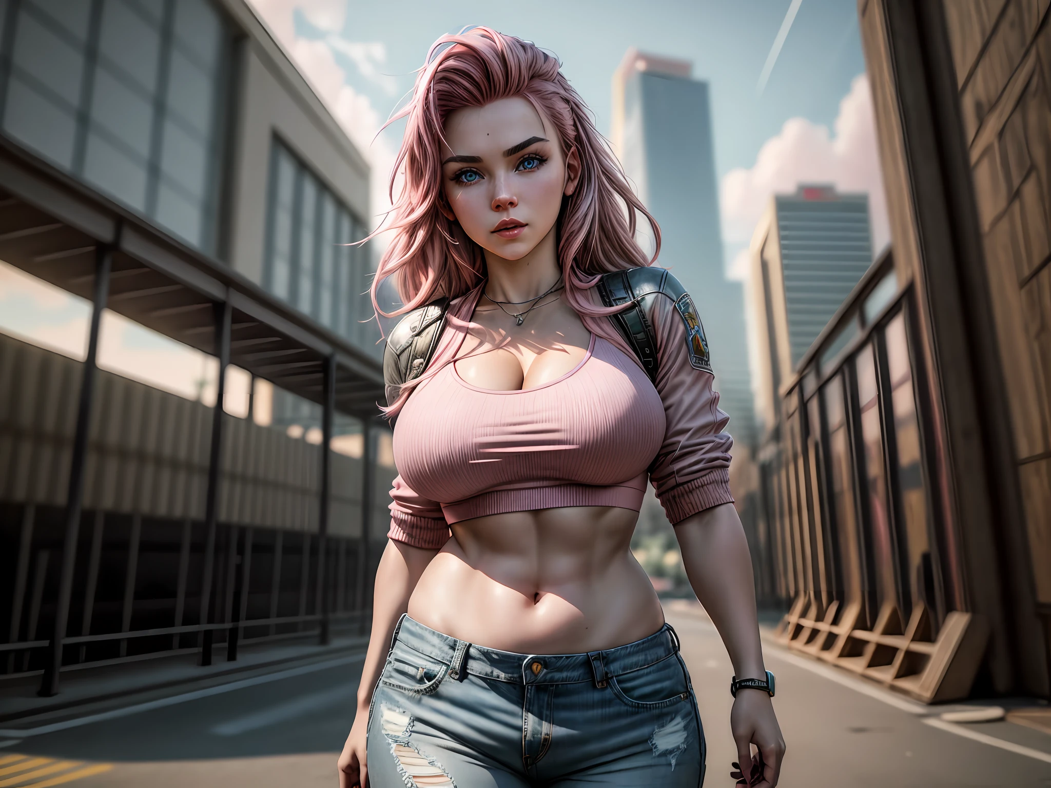 (masterpiece, photo-realistic:1.4), (pink-haired:1.2), (blue-eyed:1.2), (thick eyebrows:1.1) girl, 18 years old, with a flawless physique. She is wearing a tight and cropped t-shirt with a plunging neckline that accentuates her compressed bosom. She is sporting a pair of short denim shorts that enhance her perfect and round buttocks. On her feet, she wears Air Jordan-style sneakers. She is situated in an urban park with no people around. The perfect sunset light reflects on her, making her glow. She has a joyful expression on her face. It is a real photo, Cinematic, Hyper-detailed, insane details, Beautifully color graded, Unreal Engine, DOF, Super-Resolution, Megapixel, Cinematic Lightning, Anti-Aliasing, FKAA, TXAA, RTX, SSAO, Post Processing, Post Production, Tone Mapping, CGI, VFX, SFX, Insanely detailed and intricate, Hyper maximalist, Hyper realistic, Volumetric, Photorealistic, ultra photoreal, ultra-detailed, intricate details, 8K, Super detailed, Full color, Volumetric lightning, HDR, Realistic, Unreal Engine, 16K, Sharp focus, Octane render --v testp