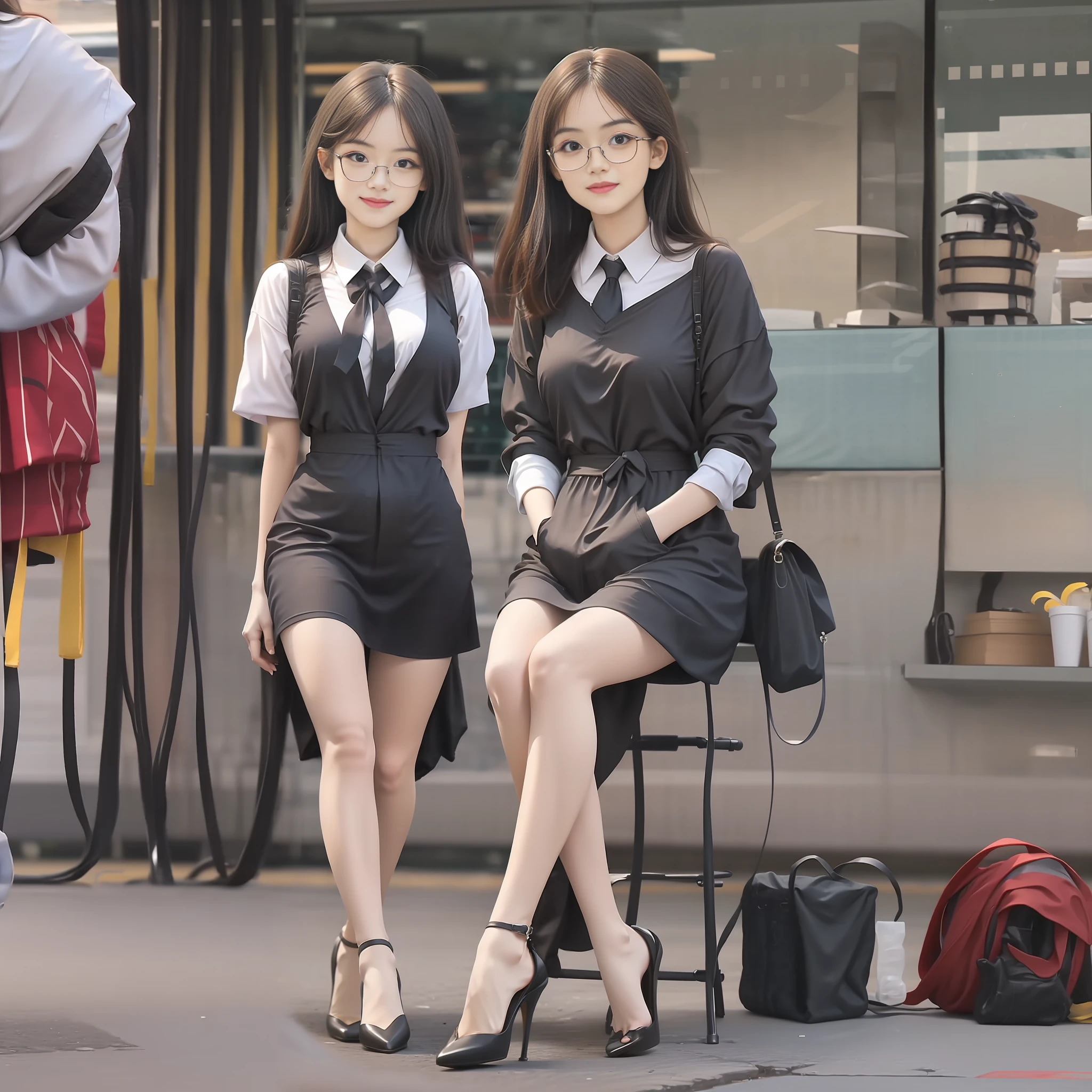 Best Quority, Full body like，Refined face，pretty  face，18 year old woman，slimfigure，Smaller bust，office lady uniform，Office wear，Long gray dress，Outdoor scene，Sit Pose，wears glasses，Hand on the sides，The legs are very thin，legs long，length hair，Stiletto heels，One Man