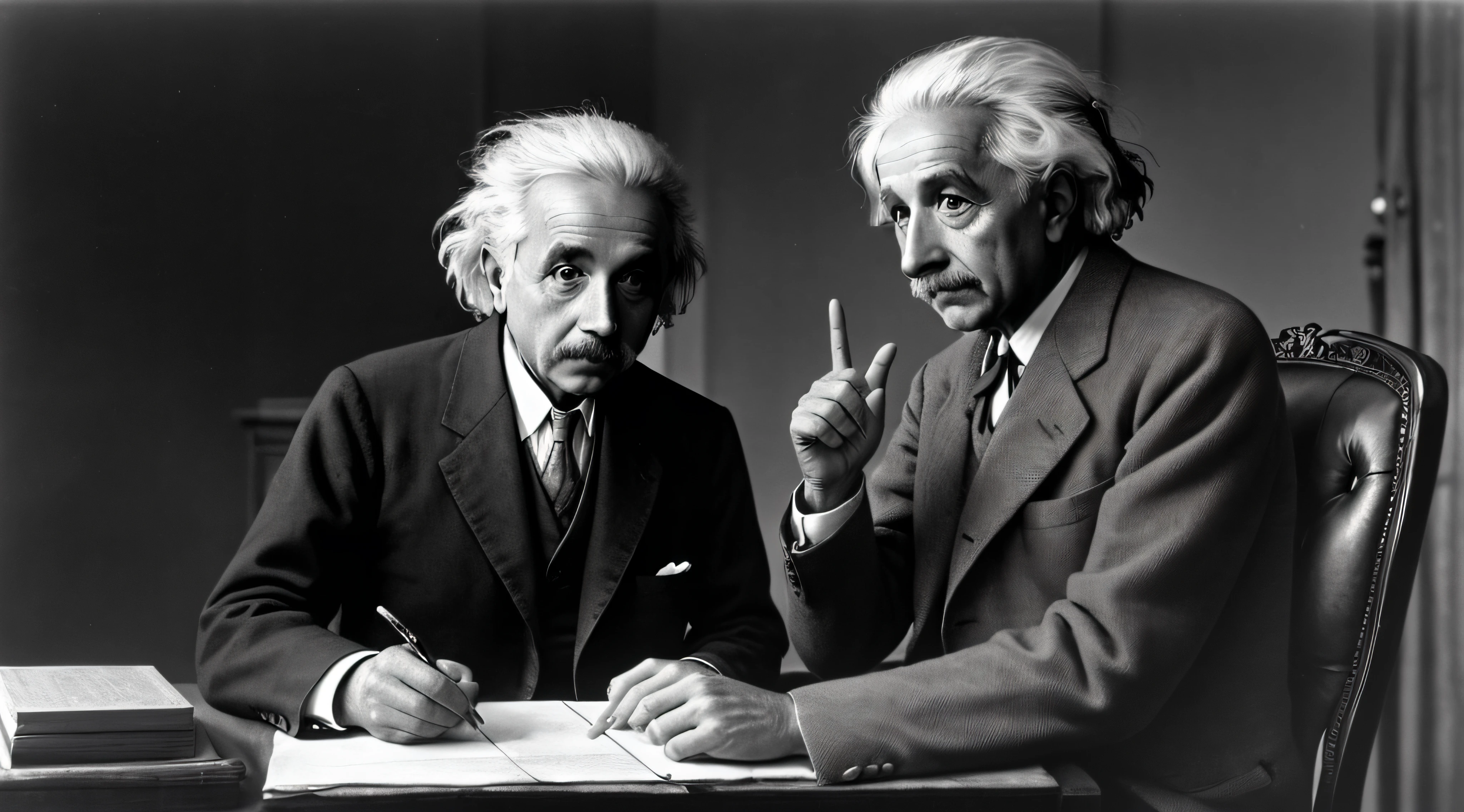 Albert Einstein making a sign of silence with his finger --auto