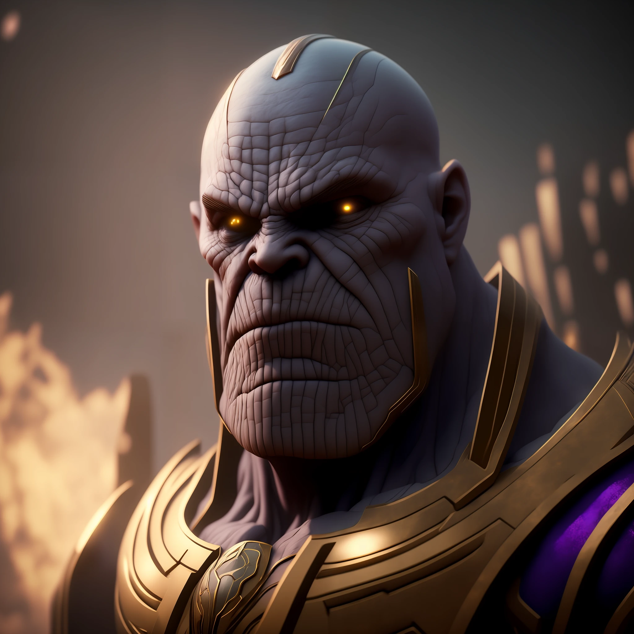 Cinematic shot of Thanos cute realistic, cercado por fogo, sem costura, epic, cinematographic, detalhes intrincados, premiado, great lighting, sombreamento, alta qualidade, detalhado , olhando para frente