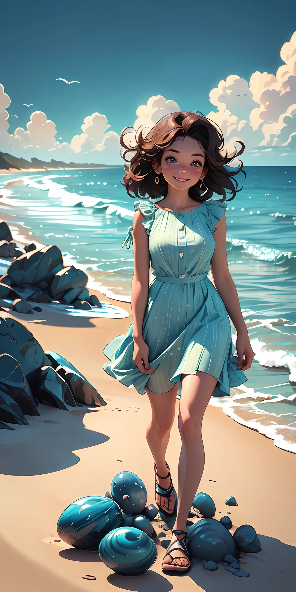 He creado una imagen de una chica hermosa caminando por la playa. Espero que te guste. ๐
La chica tiene el pelo largo y rubio, y lleva un vestido blanco y un sombrero de paja. He's smiling and looking at the horizon, donde se ve el mar azul y el cielo nublado. The beach is full of shells, piedras y algas. Se puede sentir la brisa marina y el sonido de las olas. It's a very quiet and romantic scene.. ยฟWhat do you think? ๐