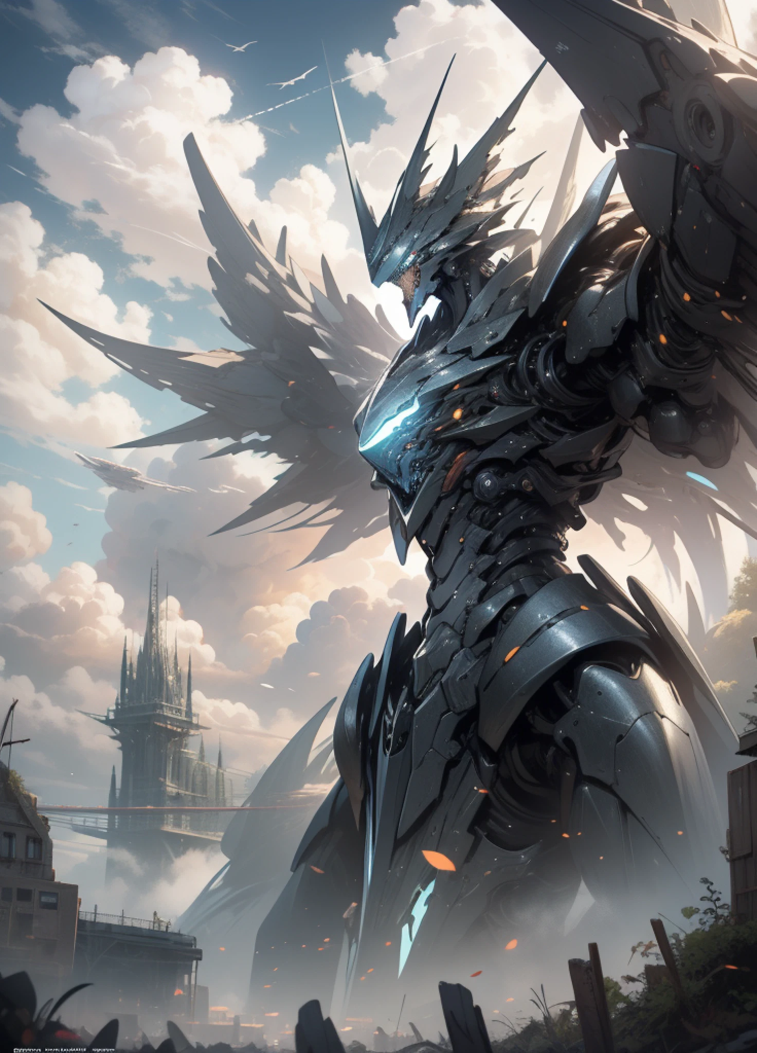 ((Best Quality)), ((Masterpiece)), (detailed), Giant Mech, Spread Arms, Perched on Clouds, (Fantasy Illustration: 1.3), Enchanting Eyes, Otherworldly Charm, Mysterious Sky, (Luis Royo: 1.2), (Yoshitaka Amano: 1.1), Moonlit Night, Pastel Colors, (Detailed Cloud View: 1.3), (High Resolution: 1.2), 8K