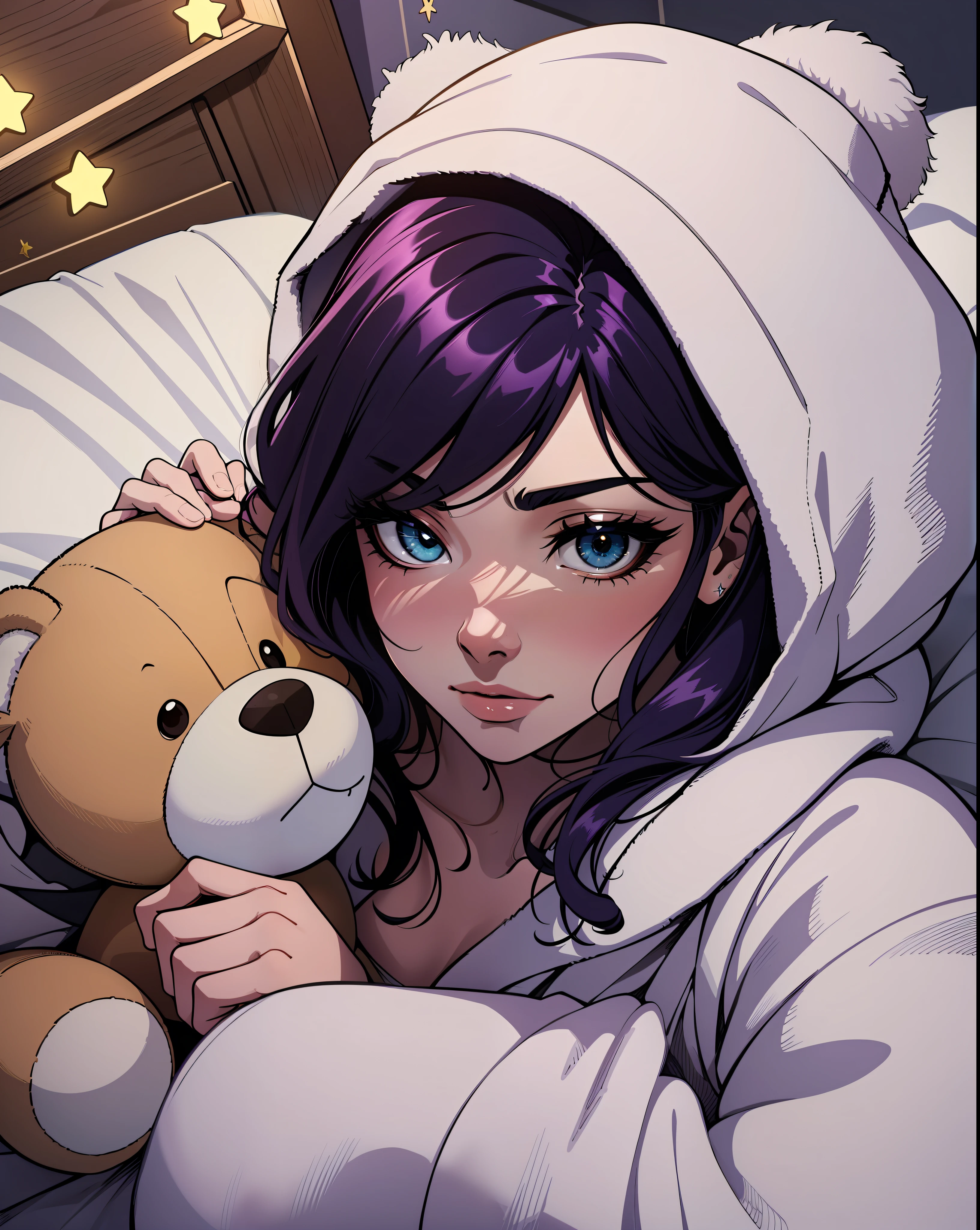 (Almofadas:1.2,plush bathrobe:1.3,criado mudo:1.1), Girl lying in bed with her teddy bear, abajur em meia-luz, estrelas no teto, tranquilidade, Cena noturna, liso, aconchegante