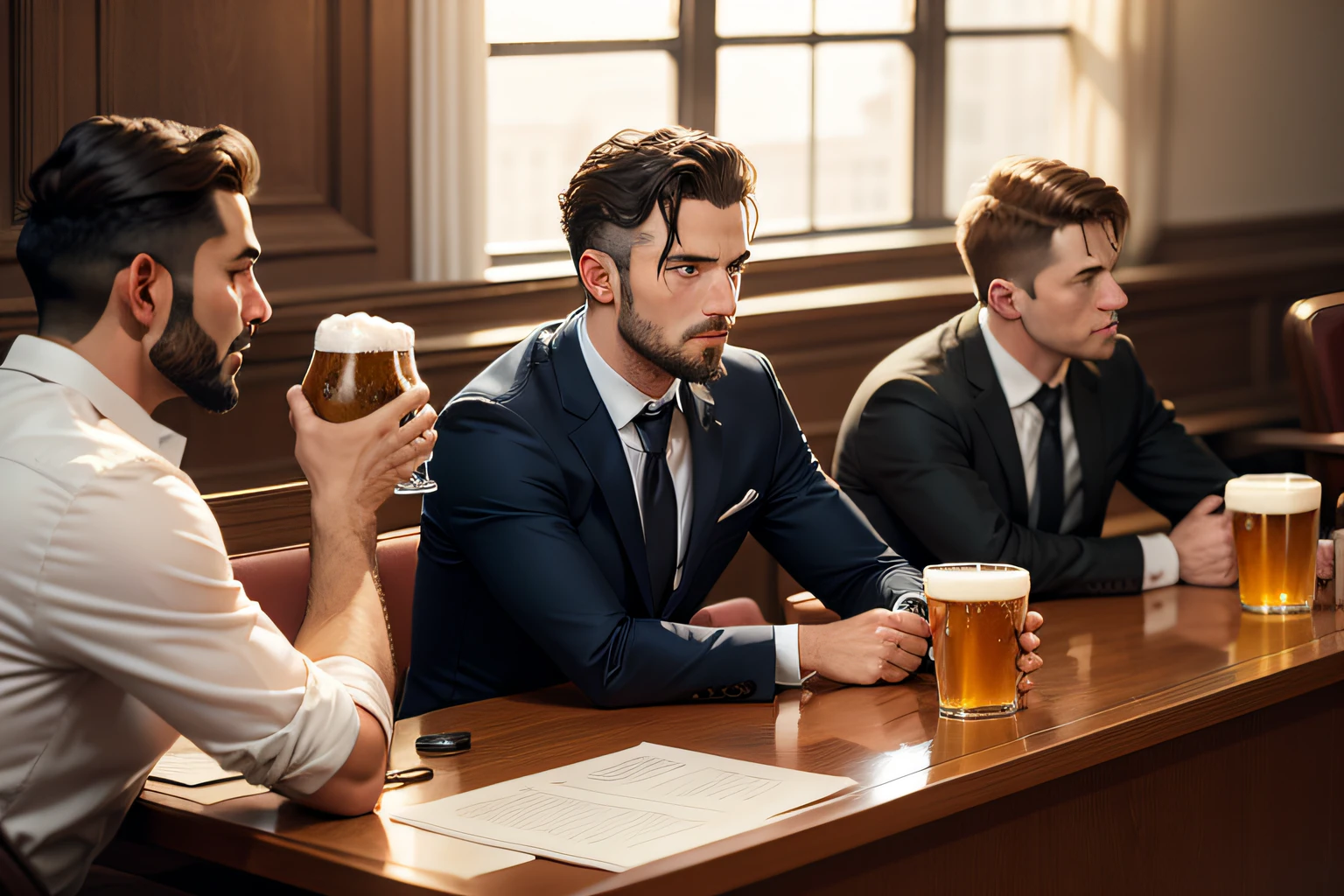 Meeting of 4 men in a courtroom, each with a beer in hand