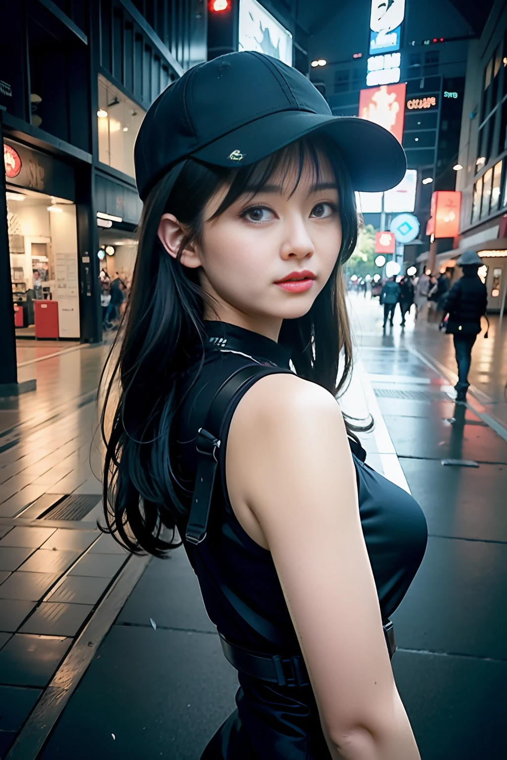 At the campus gate，Standing，1girl，Long hair shawl，Wear sweatpants，Tight tank top，Wearing a cap，sun beam，Energetic，logo DAIKEN,
