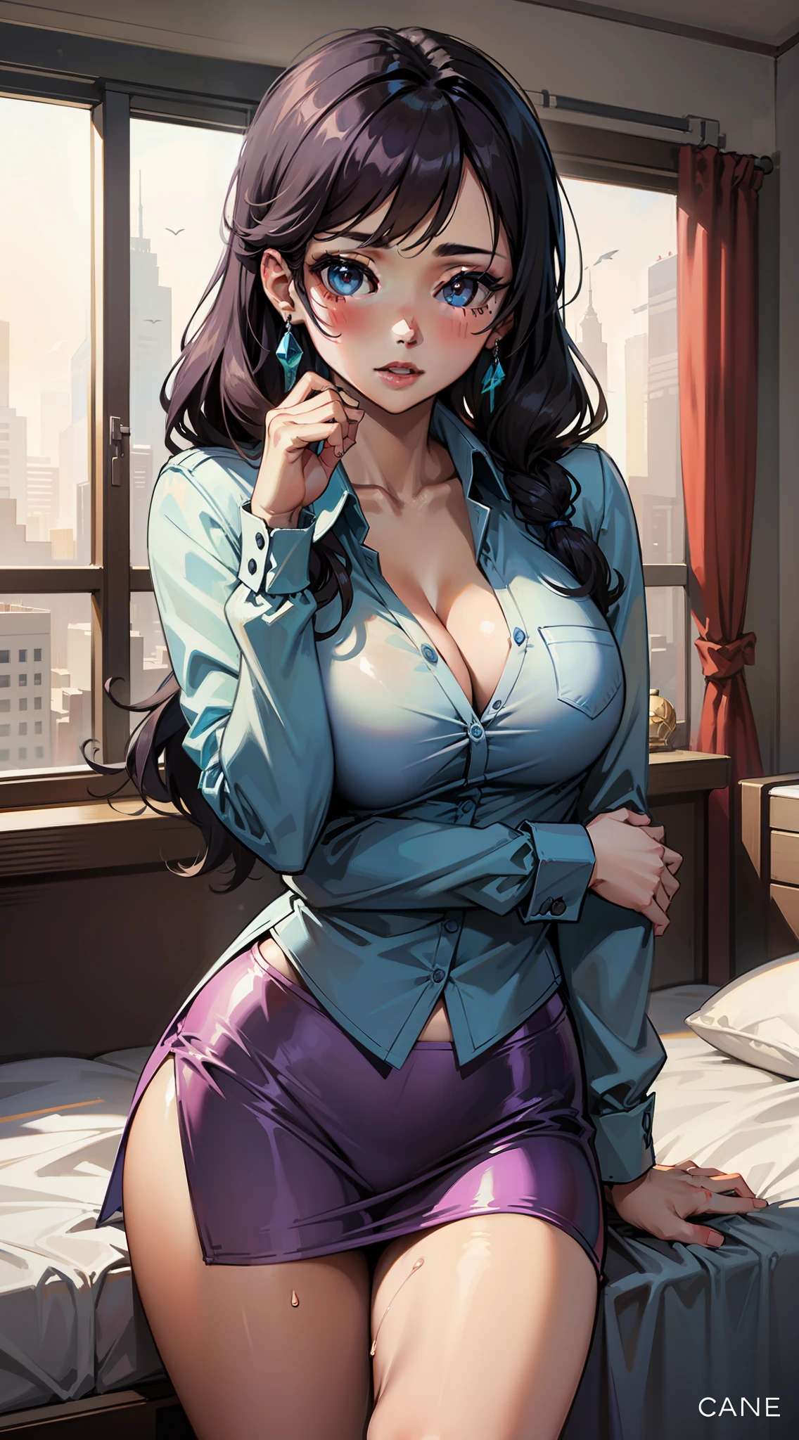 Una chica, elfa, sexy, camisa celeste