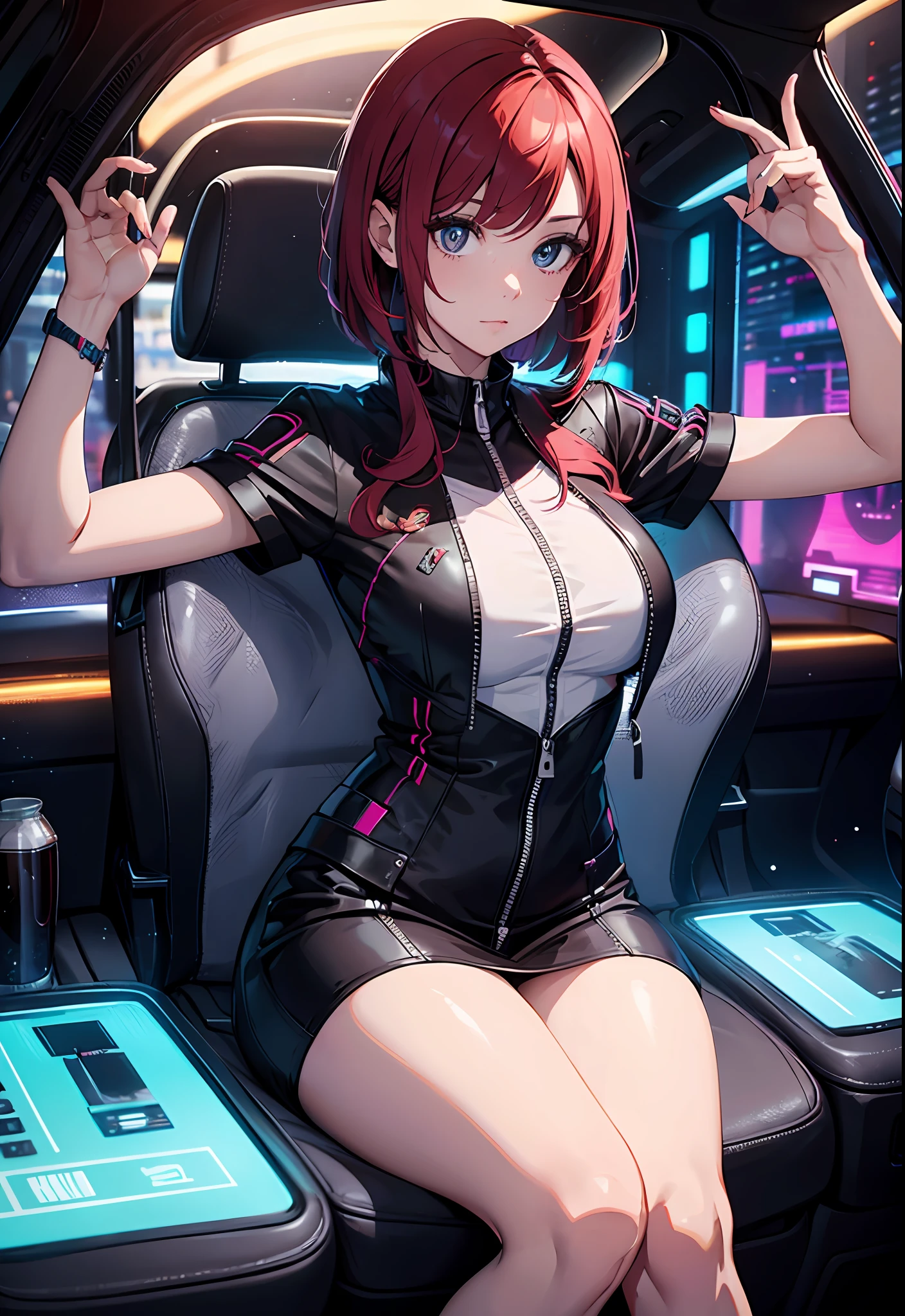 Obra maestra, alto detalle, mujer estilo rokero, cabello corto rojo intenso, sentada en un carro, pose sexi, Estilo cyber punk, Ciudad, luces neon, lots of lighting.