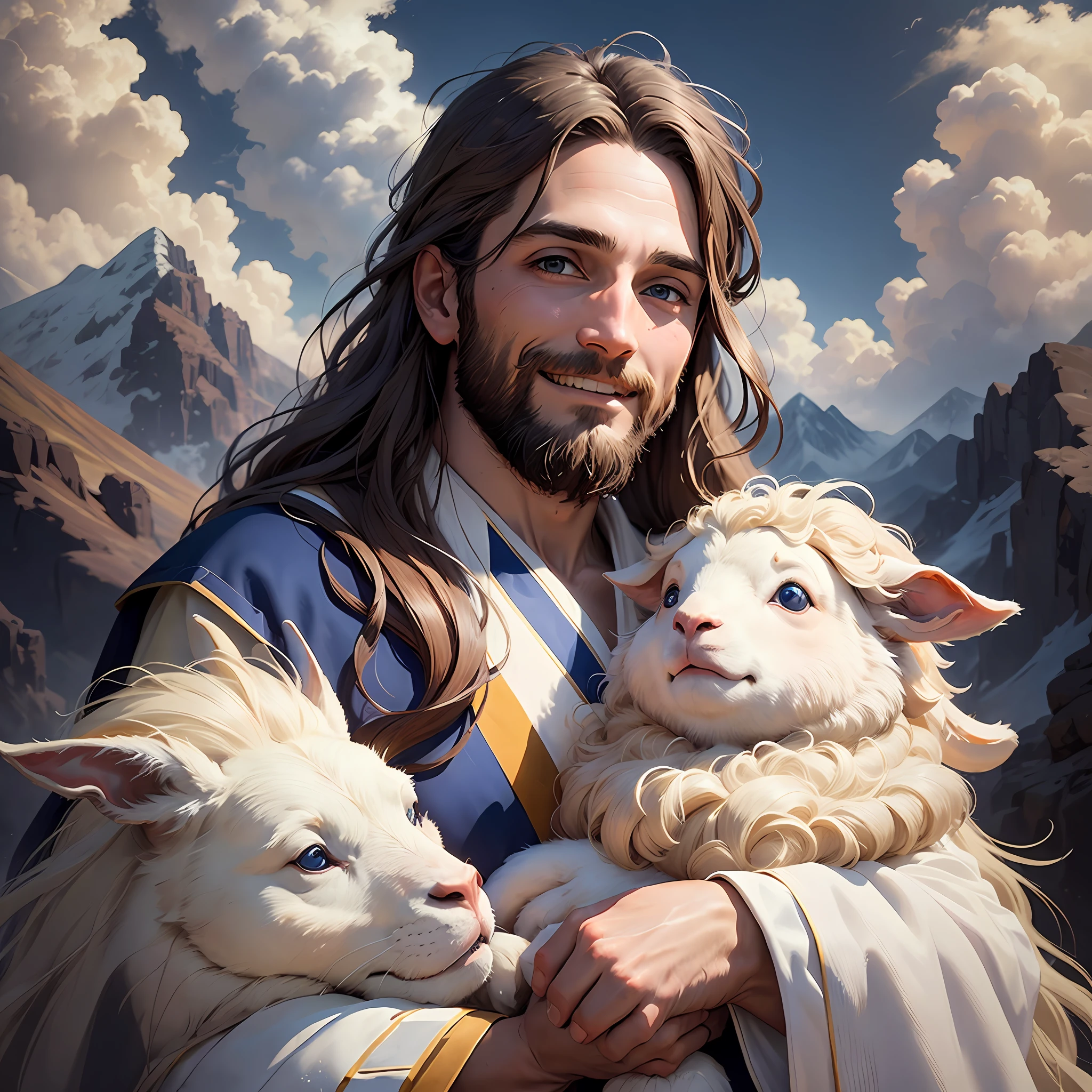 Jesus,portrait, soft light, a man with long brown hair and a beard, wearing a white robe and a blue sash, holding a lamb in his arms, smiling gently, mountains and clouds in the background, 8k, oil painting