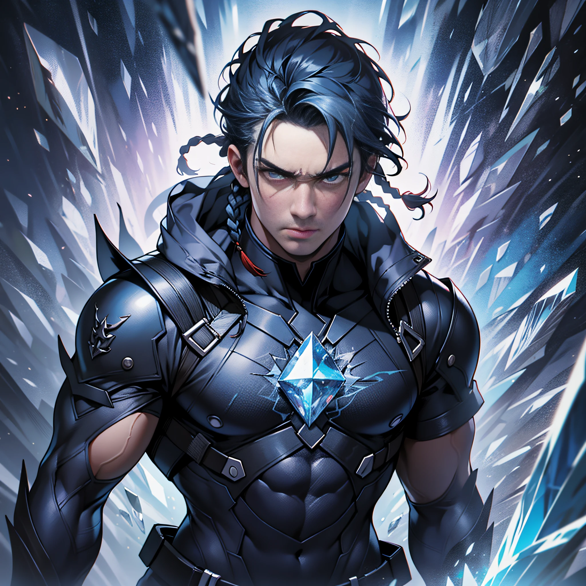 Cool boy,cinematlic lighting,Dark Boy,strong contrasts,Rough、hale and hearty、Powerful figure and face,Tightens braids,blue backdrop,Crystal distortion effect。