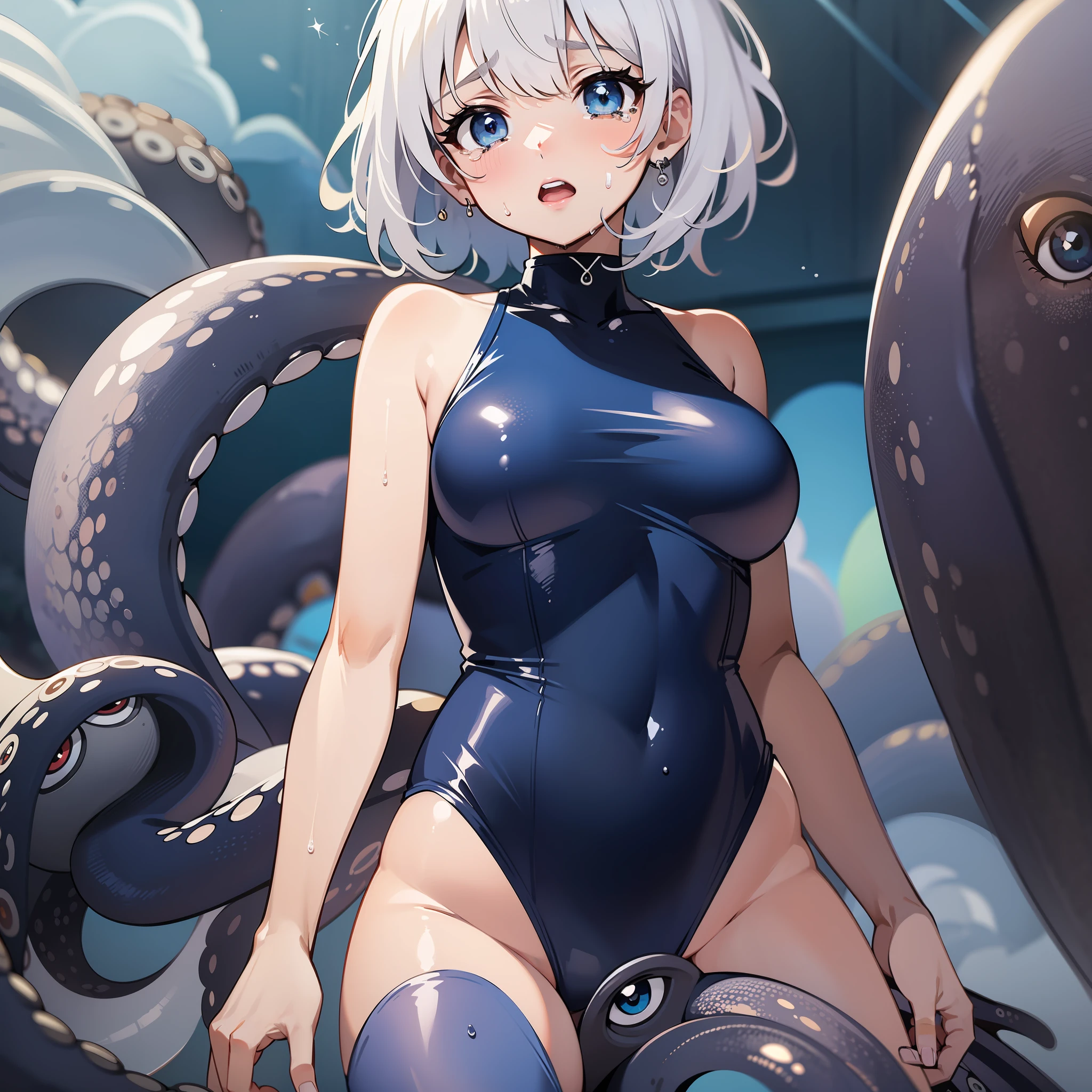 Snappy navy blue swimsuit、short-hair、messy white hair、small head、large blue eyes、Desperate look、Tears、Yodare、The crotch is wet、Adorable One Girl、Giant octopus、Multiple eyes、Giant octopus legs pounce on a girl