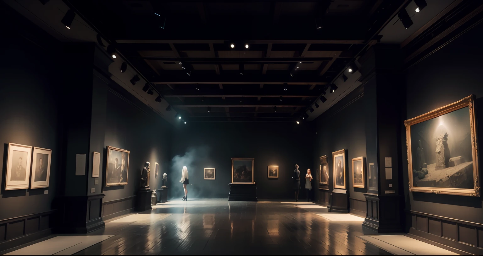 The interior of an exhibition room of a museum at night. full with haze an eerie lighting. volumetric lighting, foggy. there are a lot of ancient artifacts being exposed. ultra detail, hiperrealistic, ultimate photo-realism, insane photographic detail. absolutely cinematic, expert usage of lighting. film on arri alexa