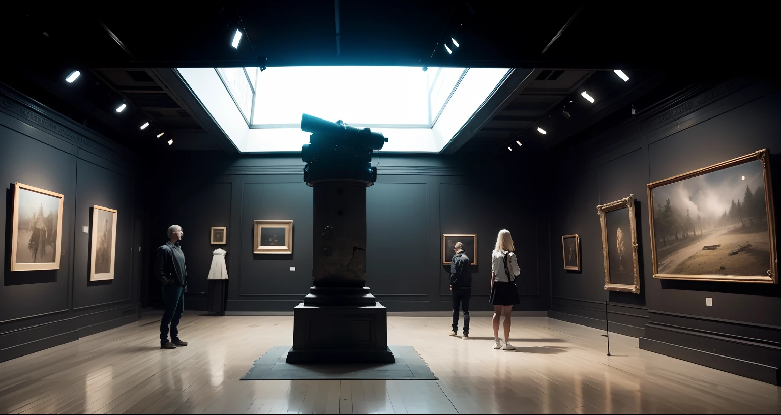 The interior of an exhibition room of a museum at night. full with haze an eerie lighting. volumetric lighting, foggy. there are a lot of ancient artifacts being exposed. ultra detail, hiperrealistic, ultimate photo-realism, insane photographic detail. absolutely cinematic, expert usage of lighting. film on arri alexa