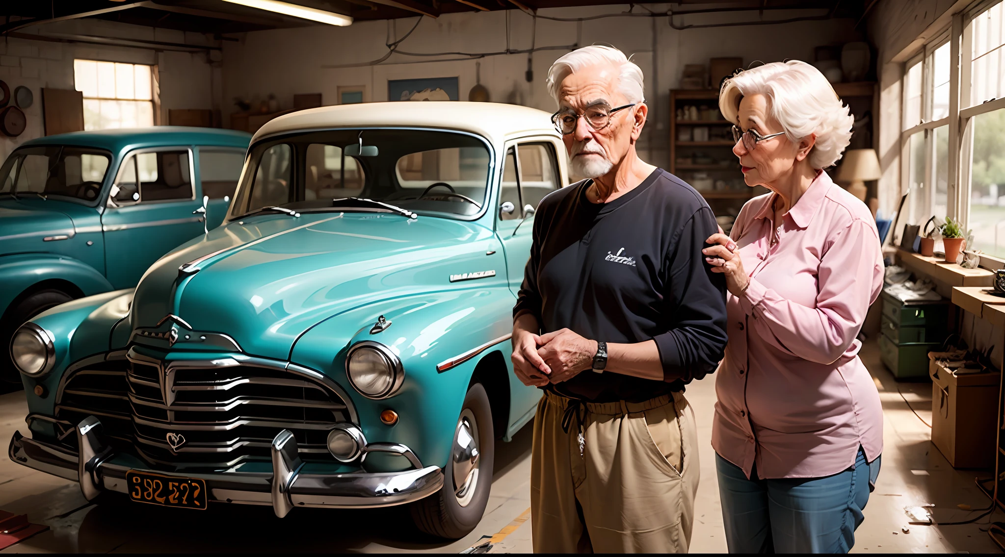 elderly couple working in a vintage car repair shop --auto
